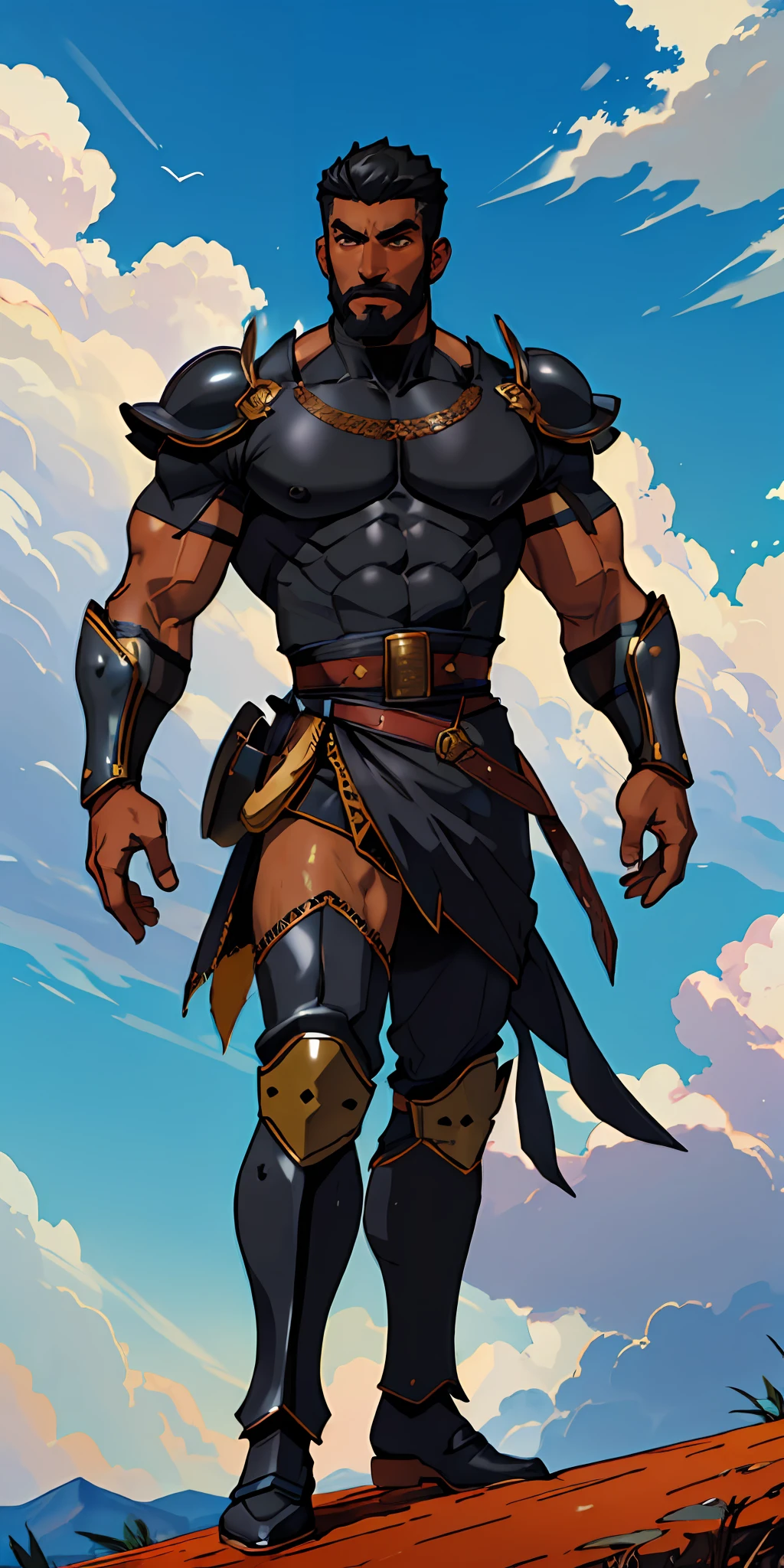 (((black skinned warrior man))), short hair shaved on the side, stylish beard, super strong, muscular, dynamic pose, wearing Victorian era armor, ((background: a sky full of clouds))