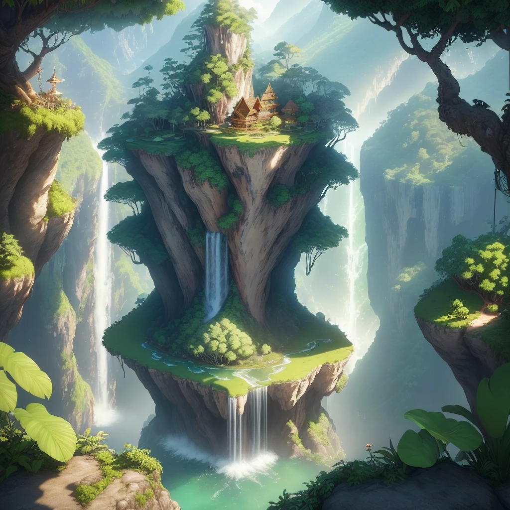 Masterpiece, best quality, (extremely detailed CG unity 8k wallpapers), (best quality), (best illustrations), (best shadows), land suspended in the air with vines on the base , with tropical rainforest on both sides, with waterfalls falling from above, isometric 3D, octane rendering, ray tracing, super detailed