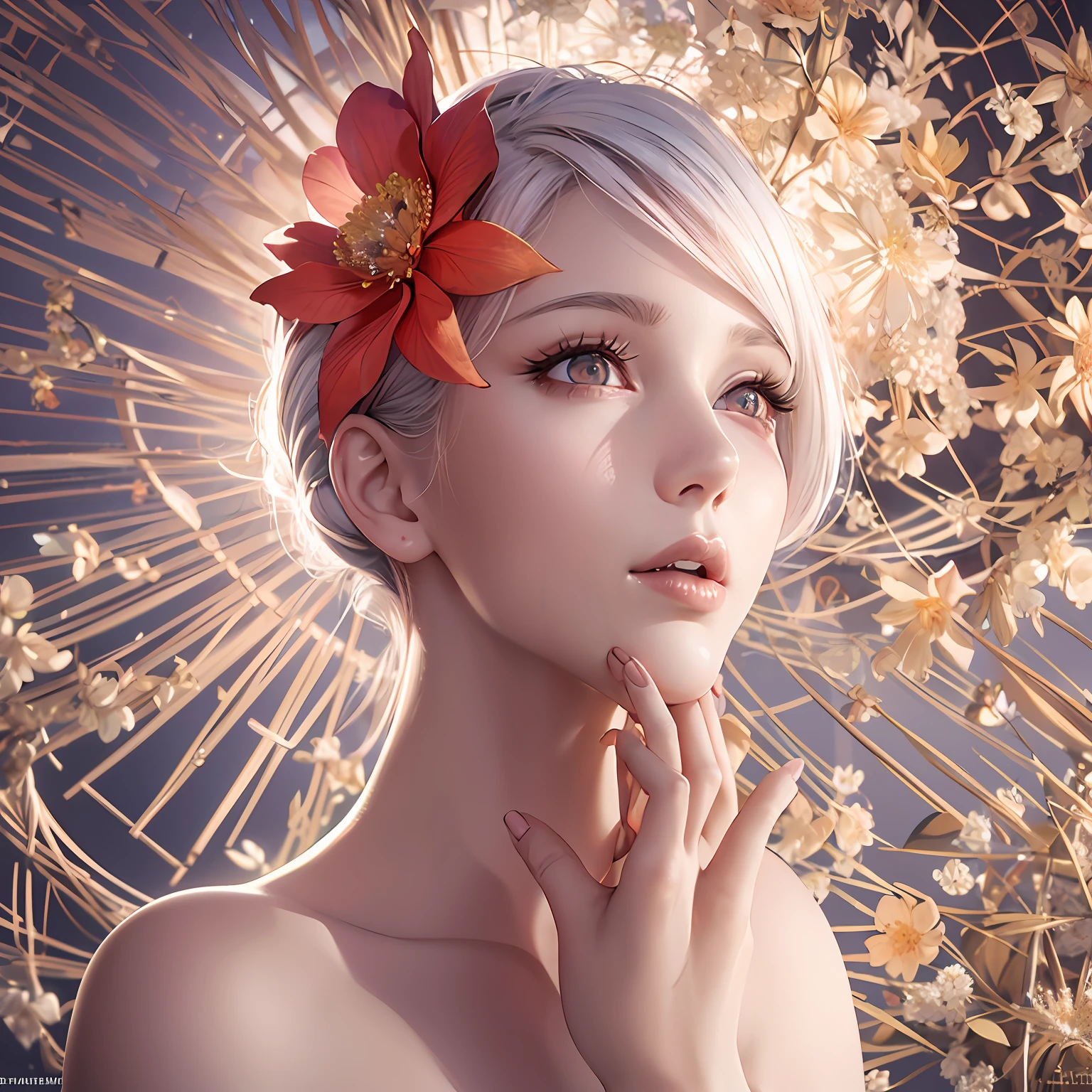 Model Deliberate, realistic anime CG style, closeup on the face of A girl wearing transparent princess dress messy white hair up to the waist, red and vibrant eyes, iris of the eyes is magnificent and well detailed, her face is beautiful, her skin is soft as silk with peach velvet, her body is sculptural as of a ballerina, Your mouth between open, Adobe Illustration, Trending on Artstation, 8K, hd, UHD, octane render, Unreal Engine 5, ambient lighting, floral theme, autumn afternoon, by Charlie Bowater, -, --v 6