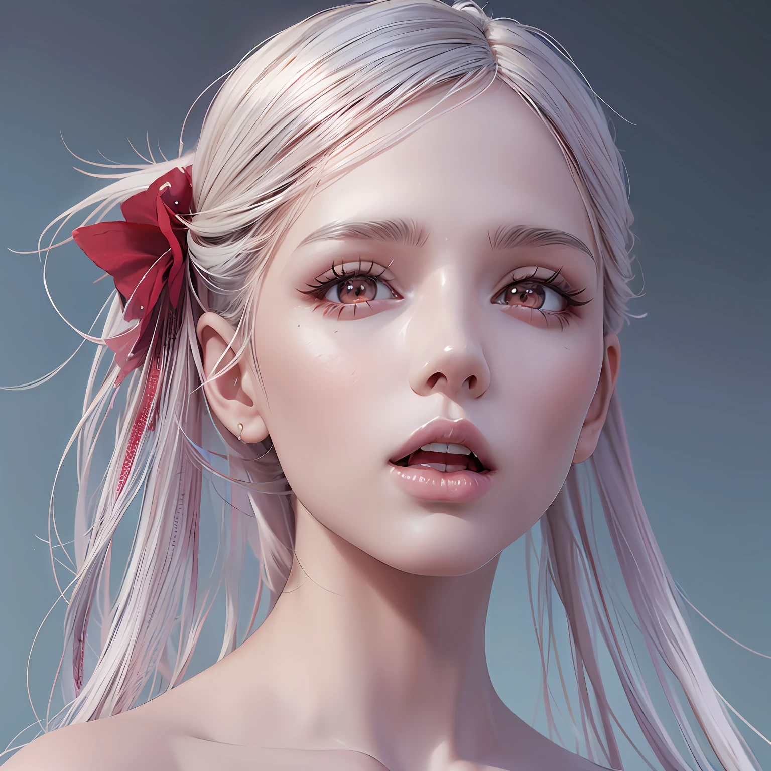 Model Deliberate, realistic anime CG style, closeup on the face of A girl wearing transparent princess dress messy white hair up to the waist, red and vibrant eyes, iris of the eyes is magnificent and well detailed, her face is beautiful, her skin is soft as silk with peach velvet, her body is sculptural as of a ballerina, Your mouth between open, Adobe Illustration, Trending on Artstation, 8K, hd, UHD, octane render, Unreal Engine 5, ambient lighting, floral theme, autumn afternoon, by Charlie Bowater, -, --v 6