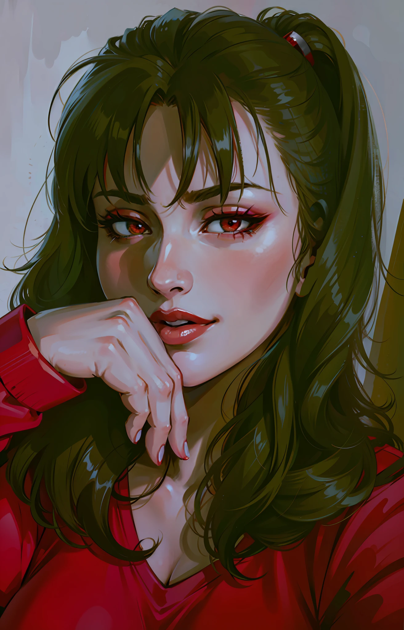 (masterpiece),(best quality:1.0), (ultra highres:1.0), detailed illustration, 8k, anime, 1girl, beautiful anime girl, wearing a red top, pretty face, detailed face, beautiful eyes, detailed eyes, dark red eyes, bright red lips, red lipstick, beautiful stylish hair, highlights in hair, bangs anime style, best quality, vibrant