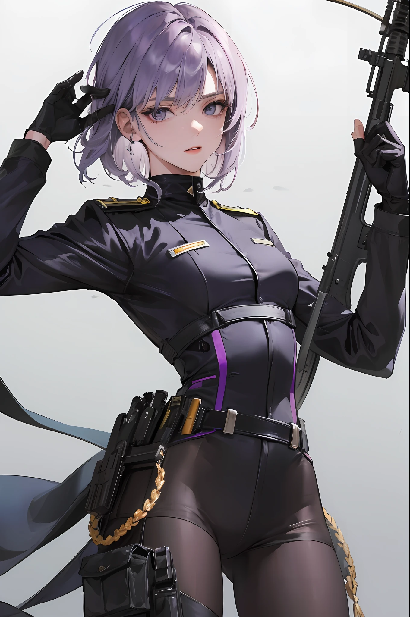 (Maximum resolution, distinct_image) Top quality, woman, masterpiece, perfect beauty, high detail, front-facing, upright, semi-realistic, slender, muscular, small, silver-purple mesh hair, short hair, bangs, 21 years old, mature woman, young, military uniform, courtesy, black uniform, first courtesy, staring at the viewer with cold eyes , low angle, (escort mechanized soldier holding a weapon behind)