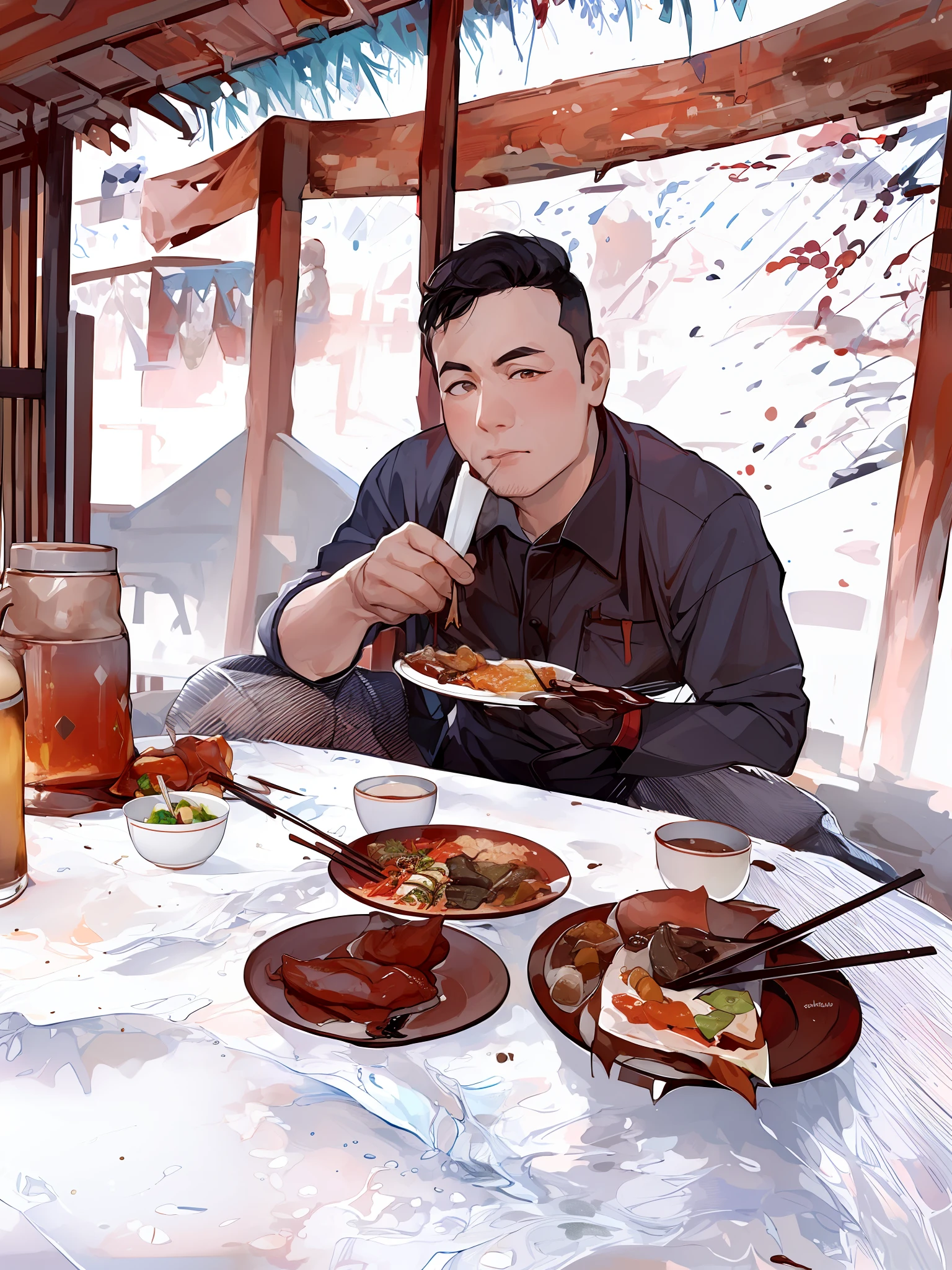 there is a man sitting at a table eating food with chopsticks, photo taken in 2 0 2 0, in style of thawan duchanee, offering a plate of food, eating, in style of lam manh, patiphan sottiwilaiphong, nivanh chanthara, nuttavut baiphowongse, yummy