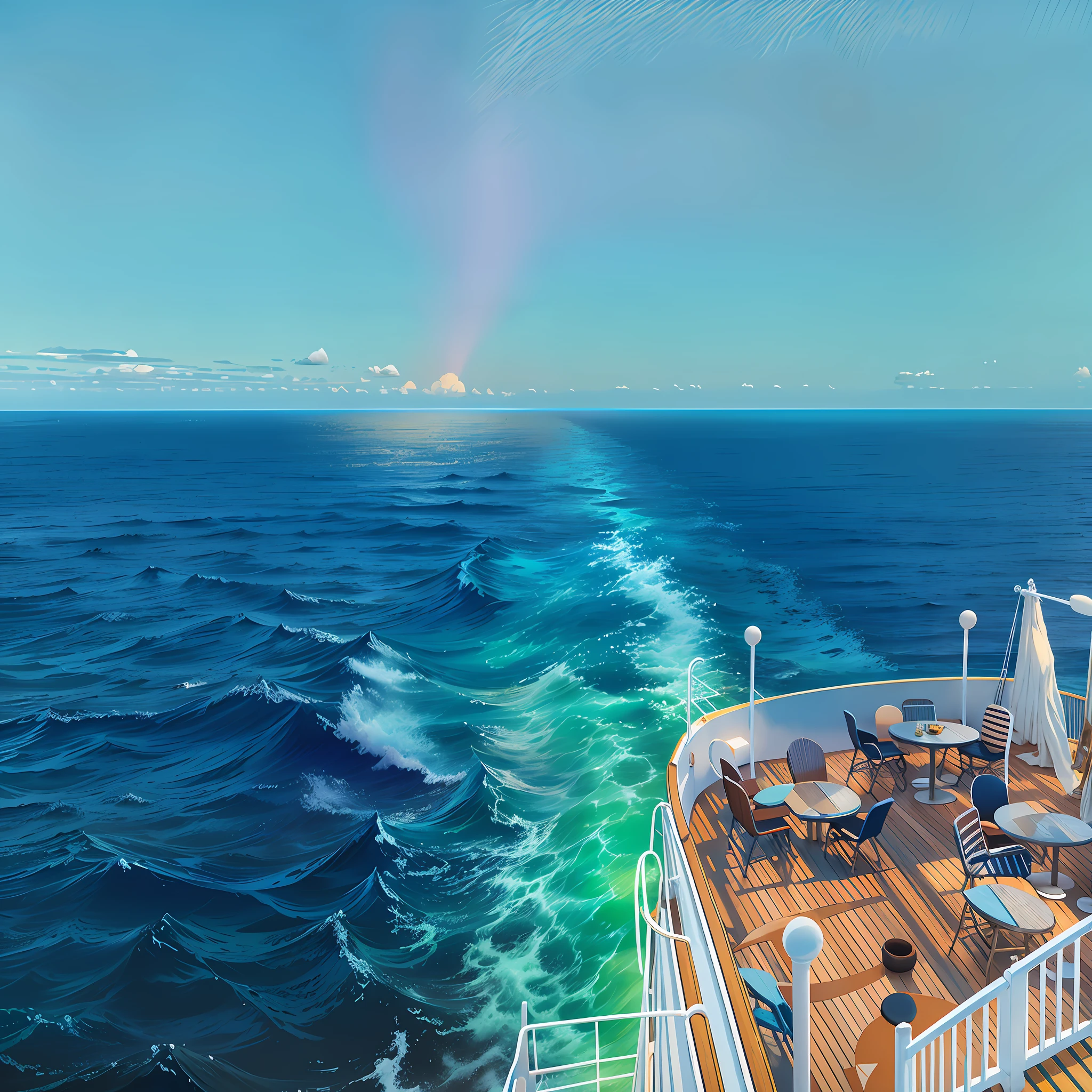 a view of a boat traveling through the ocean with people on deck, on the sea, on the deck of a ship, photo of the middle of the ocean, middle of the ocean, ocean in the background, on the ocean, trailing off into the horizon, in the middle of the ocean!!!!!, view of the ocean, beautiful view, water surrounds the ship