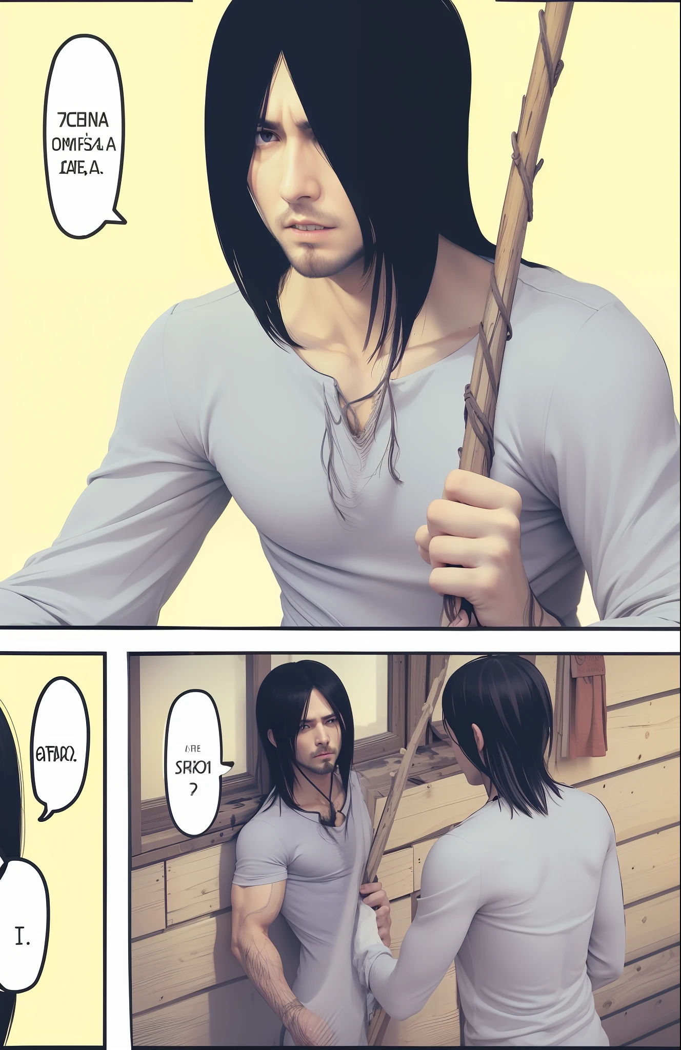 shingeki no kyojin, Eren Jaeger, mejor calidad, obra maestra, (realista: 1.2), 1 hombre, vida real, acción en vivo, high definition, high quality, detailed hair, perfect hair, cabin background, in the mountains, in a cabin, hobo Eren, stubble beard, long hair, tired looking, gigachad, muscular fit guy, lean, skinny muscles