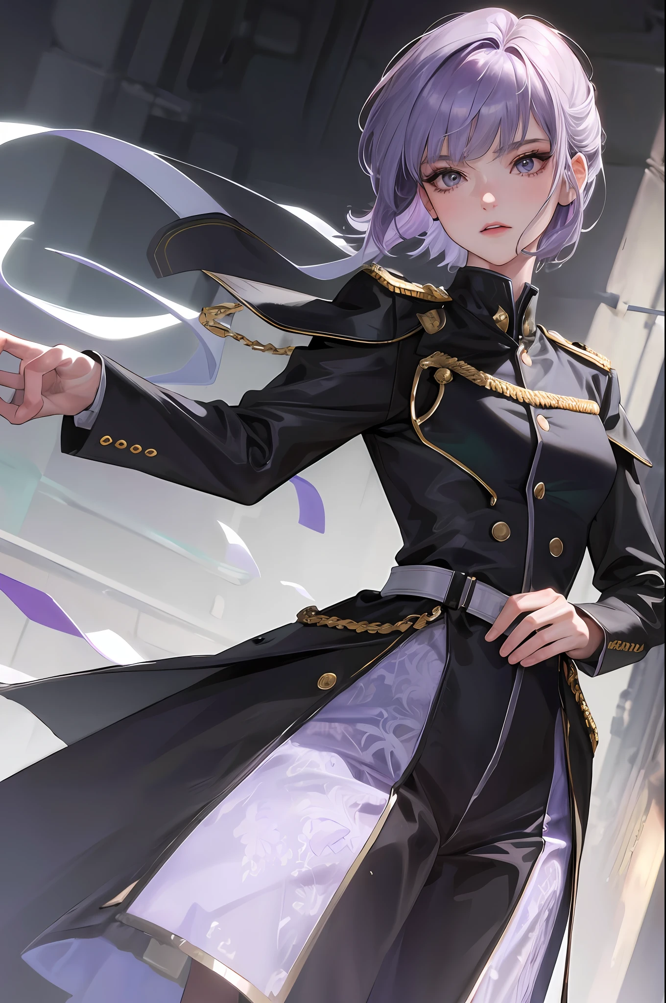 (Maximum resolution, distinct_image) Top quality, woman, masterpiece, perfect beauty, high detail, frontal, upright immobile, semi-realistic, slender, muscular, small, silver-purple mesh hair, short hair, bangs, 21 years old, mature woman, young, military uniform, courtesy dress, black uniform, first courtesy dress, arms crossed, staring at the viewer with cold eyes , low angle,