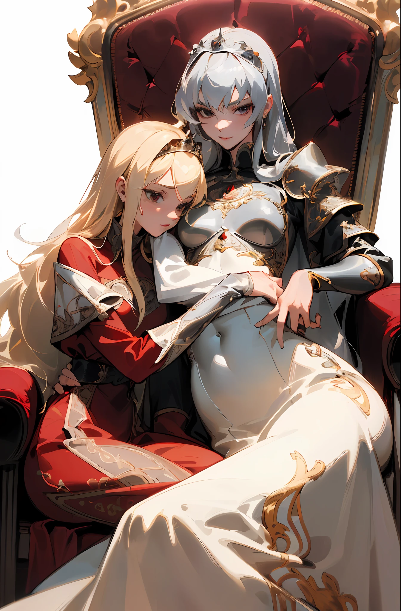 Best image quality, high resolution, 8K, realistic depiction in every detail, photorealism, two women, glamorous female pope and slender princess knight sitting on a throne and hugging each other, (plump body pope, 30 years old, bewitching, long blonde hair, glossy skin, detailed description, glamorous, luxurious crimson dress with embroidery, lust), (slender, princess knight, 18 years old, small breasts, abs, full proportions, Neat face, silver hair, short, sharp eyes, no breastplate, with baskets), (partial skin exposure: 1.5), beautiful face drawn in detail
