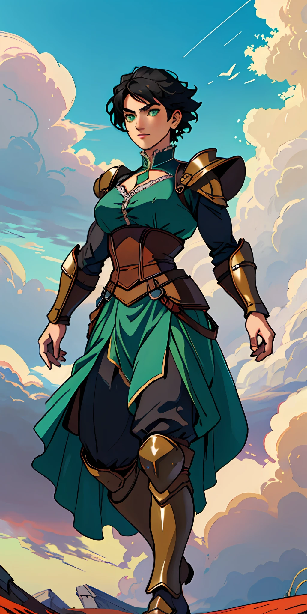 female warrior, short black hair, green eyes, dynamic pose, wearing Victorian-era armor, ((background: a sky full of clouds))