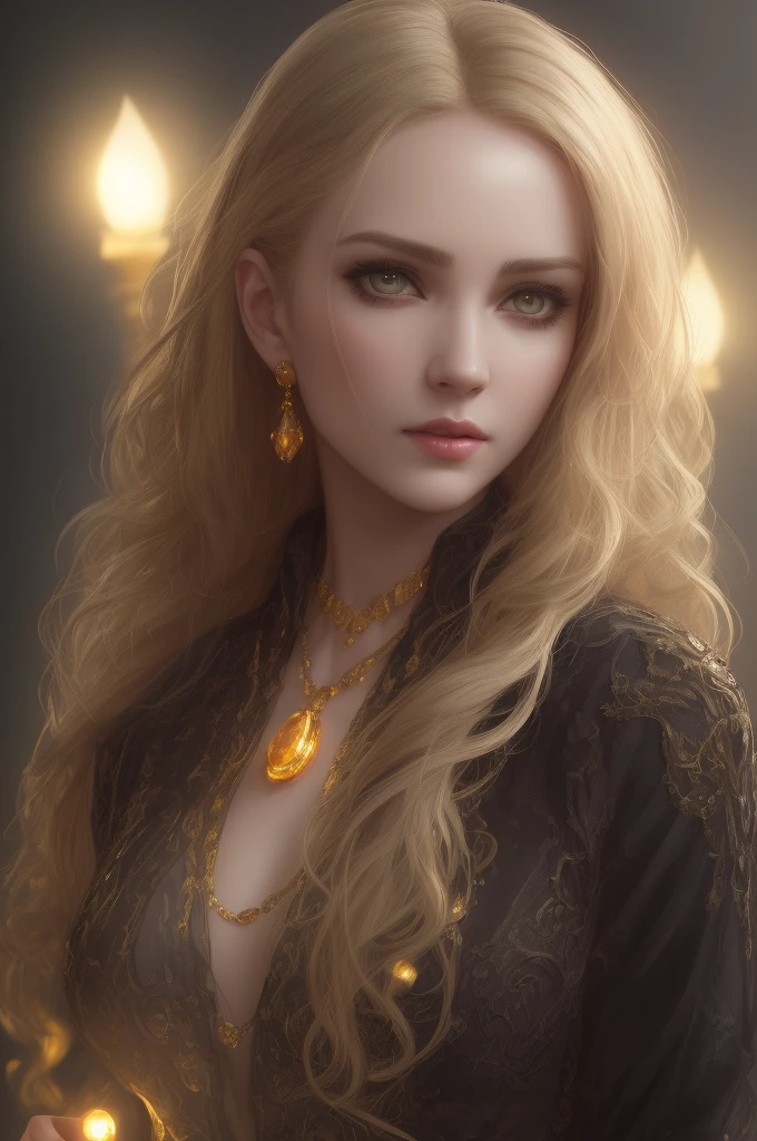 (8k, RAW photo, best quality, masterpiece:1.2), modelshoot style, (dark shot:1.5), Stunningly attractive woman with blonde soft hair, (victorian style:1.2), victorian dress high detailed and intricate, long curly hair, dramatic pose, (soft warm skin with wax effect:1.3), pastel, (glossy lips and the tip of the nose with bright small glare:1.4), (bright highlights:1.6), detailed eyes, (soft volumetric light:1.5), (subsurface scattering:1.5), wax, (night light:1.6), global illumination, Soft Shadows, (dark background with cool lighting:1.0), bokeh, Charlie Bowater, stanley artgerm lau, a detailed painting, fantasy art, artstation, trending on Artstation, art like midjourney and Rutkowski, hyperdetailed, insane details, intricate details, (oil painting:1.5), (digital art:1.5), glare on the corneas of the eyes, round pupils, refraction, screen space reflections, screen space ambient occlusion, (hdr:1.4), full body shot, (gold jewelry with amber gems:1.1)