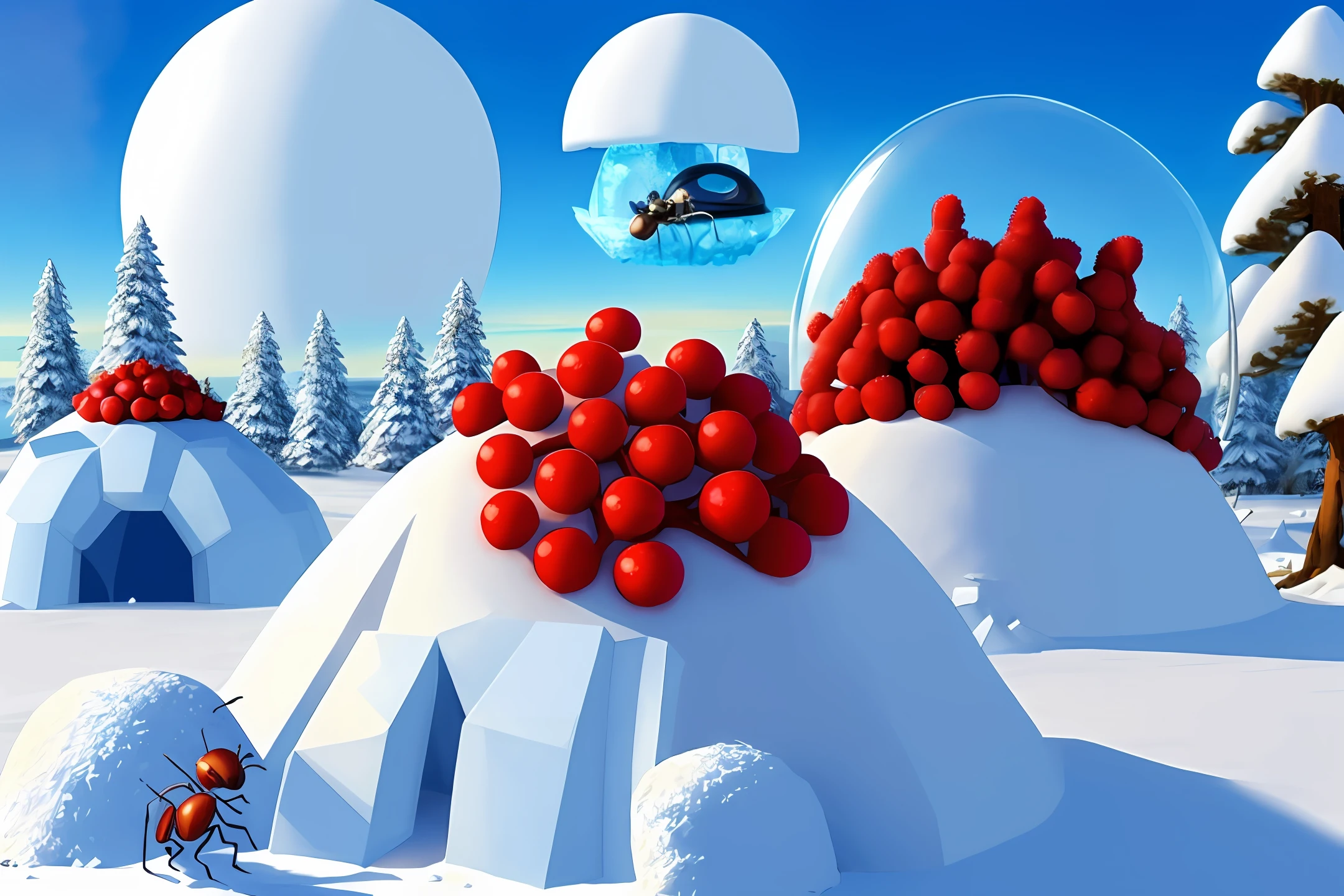 anthill, ant, 3D, ice, igloo, island, snow, smoke, berry, sky, warrior, cartoon