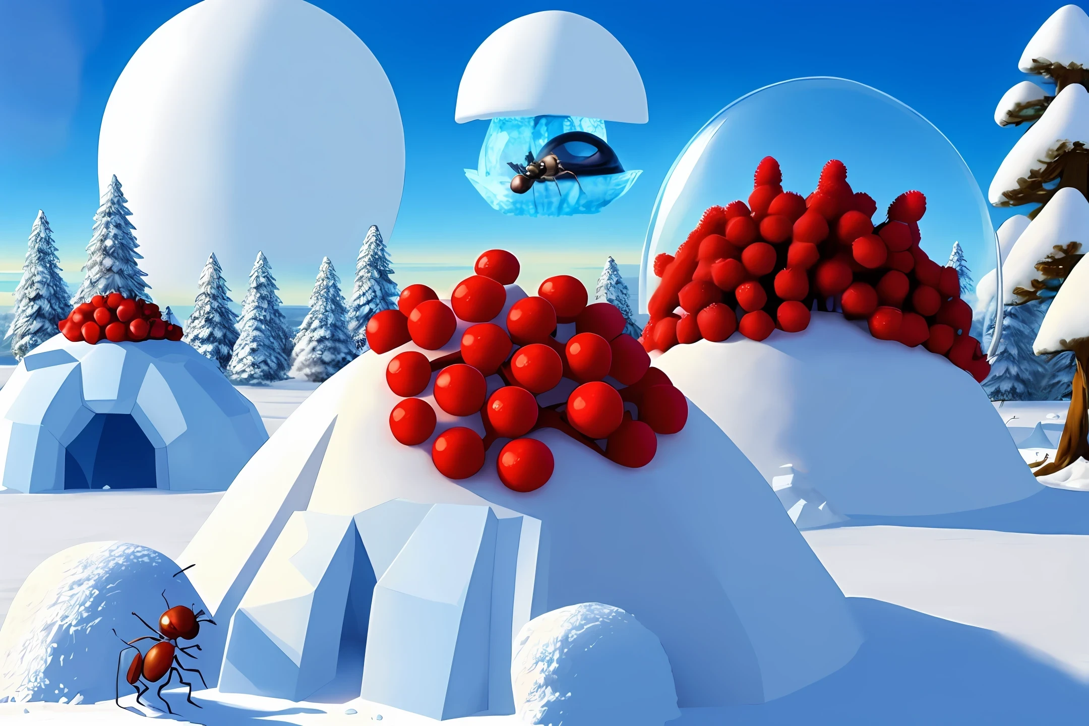 anthill, ant, 3D, ice, igloo, island, snow, smoke, berry, sky, warrior, cartoon