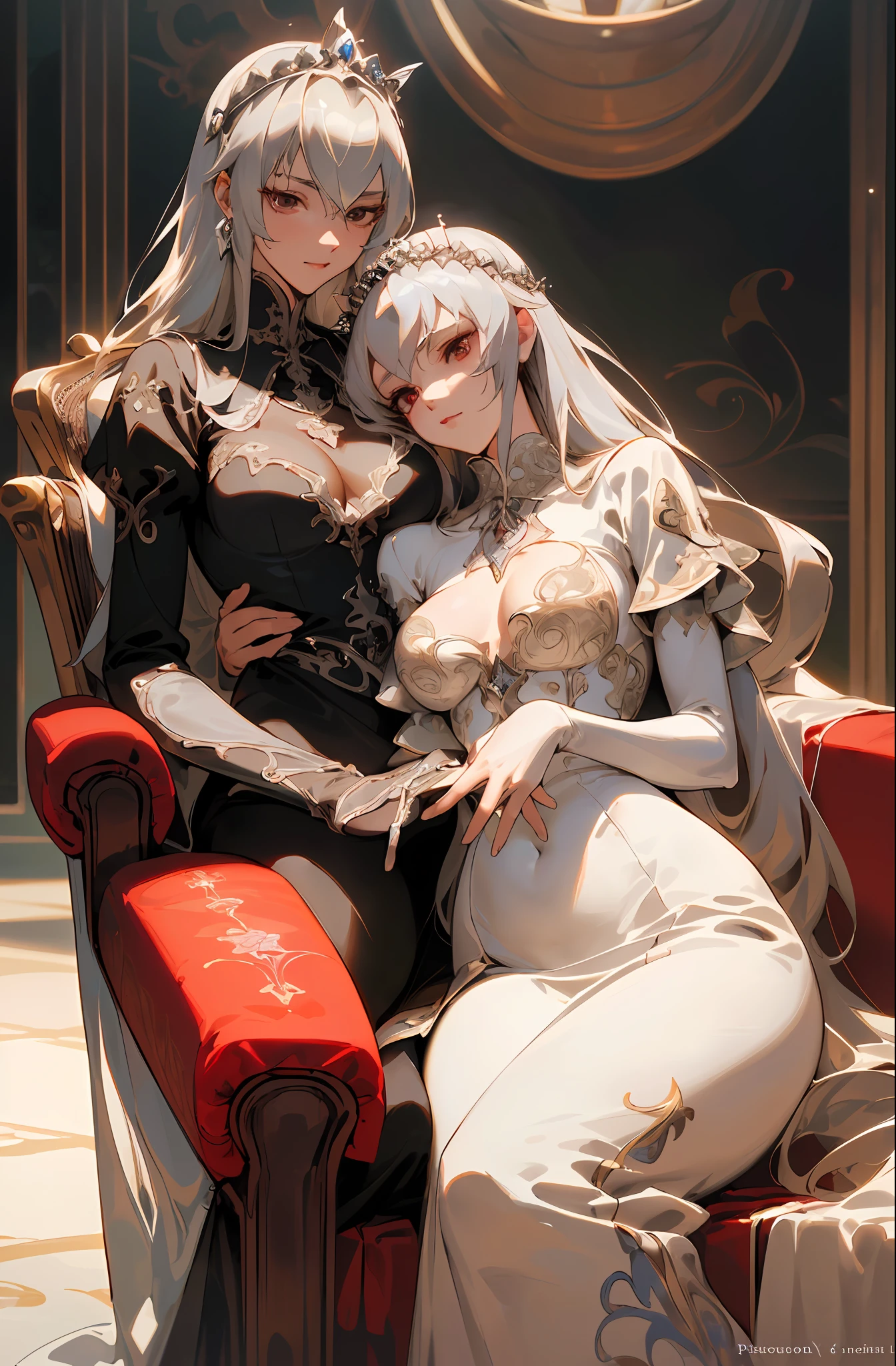 Best image quality, high resolution, 8K, realistic depiction in every detail, photorealism, two women, glamorous pope and slender princess knight sitting on a throne and embracing each other, (plump body pope, 30 years old, bewitching, long blonde hair, shiny skin, detailed description, large breasts, glamorous, luxurious crimson dress with embroidery, lust), (slender, princess knight, 18 years old, small breasts, abs, full proportions Beautiful face, neat face, silver hair, short, sharp eyes, chest exposed, basket hands), (partial skin exposure: 1.5), detailed and beautiful face