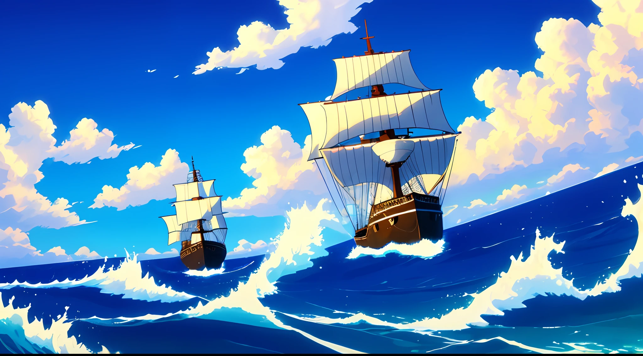 ship in the sea, wide waves, blue sea, extremely detailed, hd,