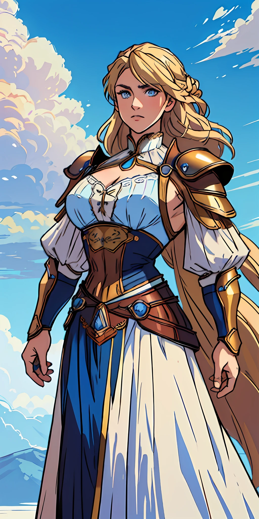 female warrior, long blond hair, blue eyes, dynamic pose, wearing Victorian-era armor, ((background: a sky full of clouds))