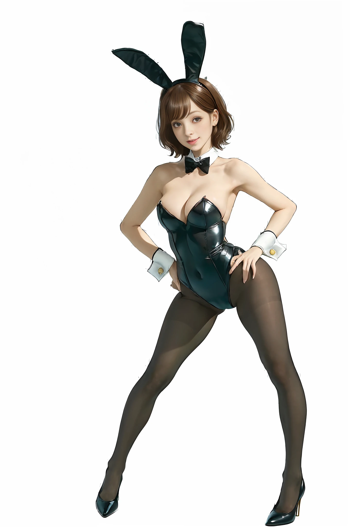 Masterpiece, Excellent, High Quality, Solo, Black Pantyhose, Beast Ears, Rabbit Ears, Playboy Bunny Girl, Brown Hair, Headband, Headband, Short Hair, Medium, Beautiful Breasts, Standing, Pure Background, White Background, Full Body Portrait, Delicate Face, Standing Figures, Painted Good Fingers, Beautiful Eyes, Rabbit Ears