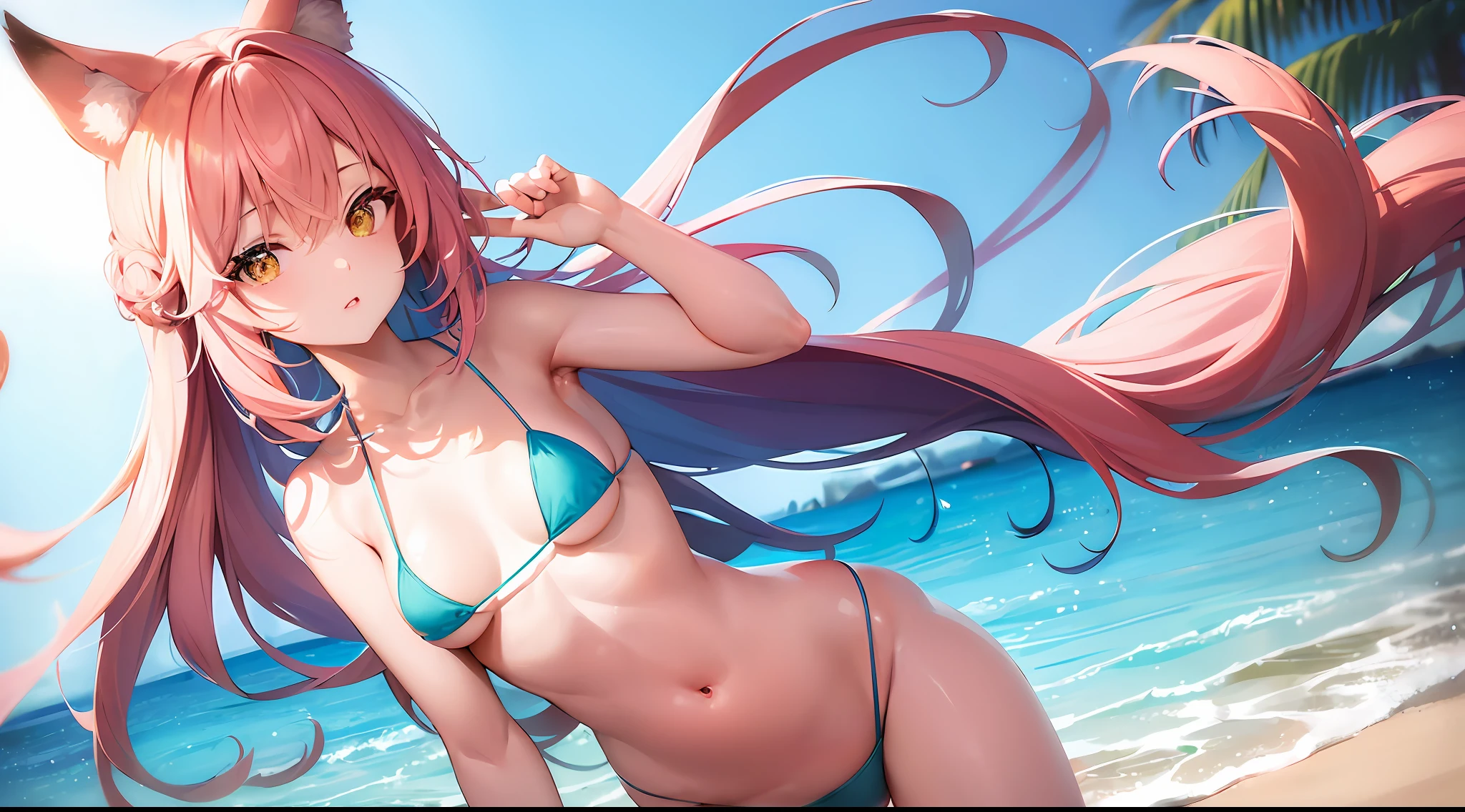 (best quality:1.3),(masterpiece:1.1), (best quality:1.3),(masterpiece:1.1),1girl , , focus on color , 1 girl , looking back ,fox ears , pink hair , long hair , yellow eyes mixed with red , hair contrasting with sunlight , tangled hair flying in the wind horizontally , pink and white clothes , one hand is held in front of the chest , the background is a stream , the color is focused on blue , focusing on the light of the background , with a little grass green background ,full body, looking at viewer,Stand back to the viewer very lowleg, (tiny miniature microbikini:1.2), (string-only microbikini:1.4), black bikini, microbikini wedged in, large breasts, outdoors, beach, shiny skin,