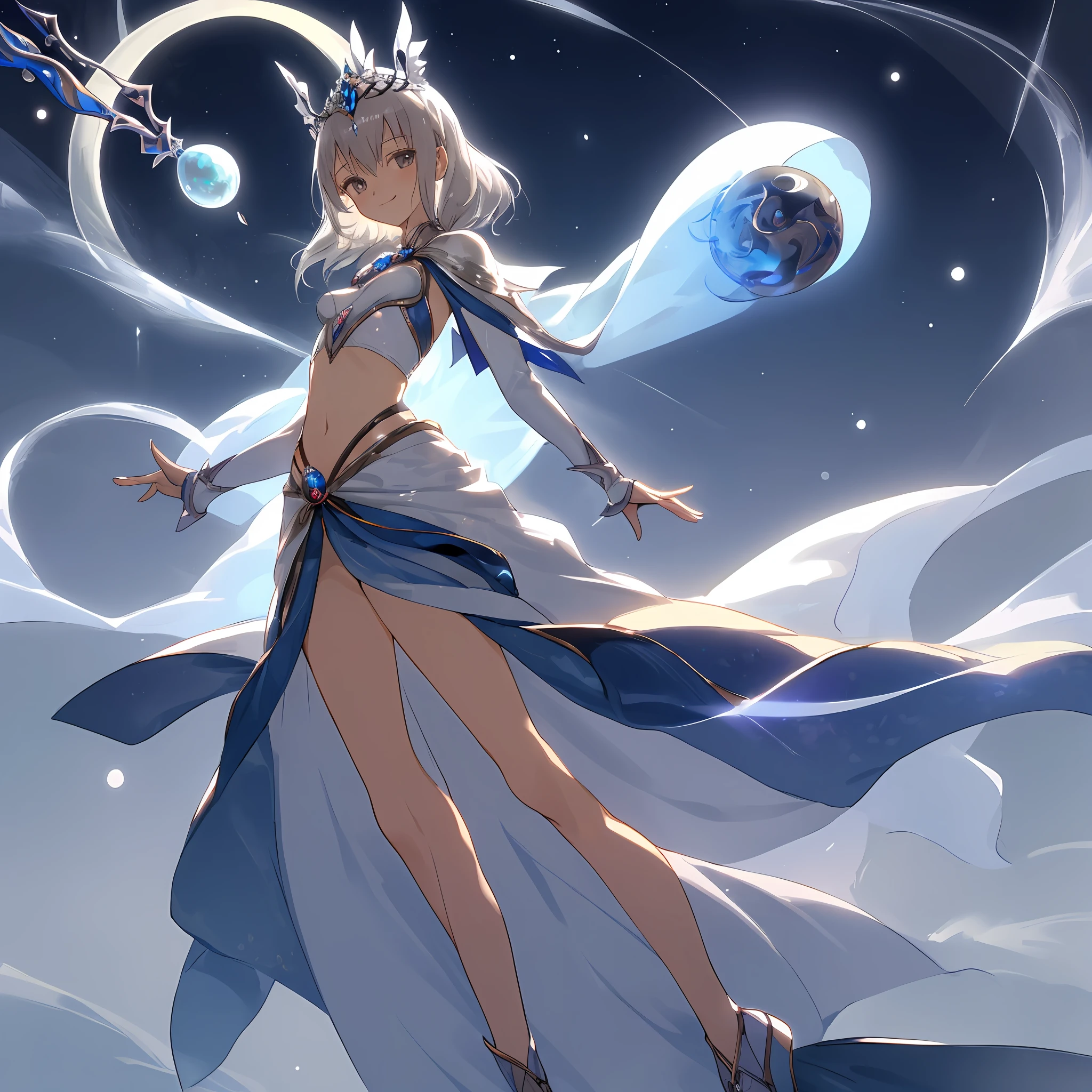 Fair skin, female, medium breasts, slender legs, magical, midriff, stomach, medium skirt, sheer silver top, silver hair, full body, gray eyes, tiara, mature, small smile, head tilt, cute eyes, magic staff, small sheer cloak, moon lit background, five fingers, normal hands, high resolution, (two arms), normal human hands, 2 arms, best quality, vibrant colors