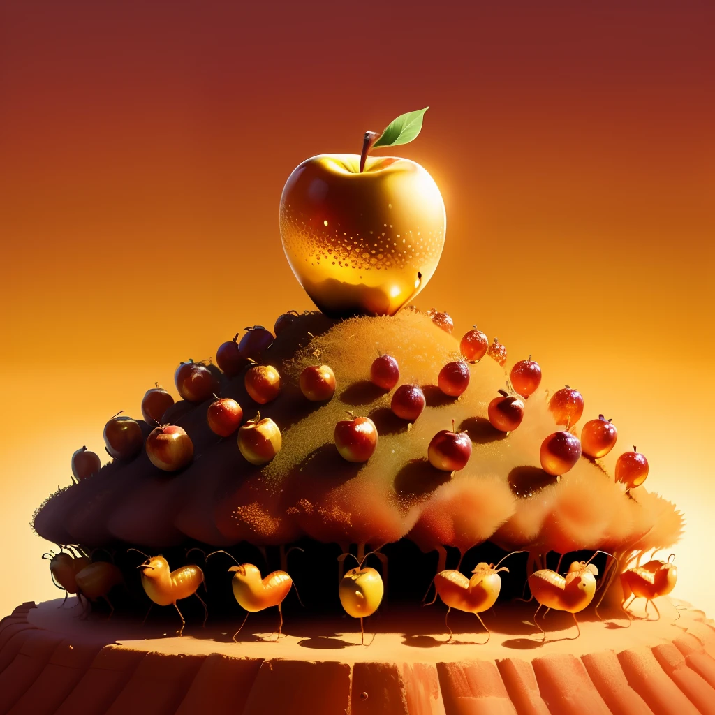 golden apple on an anthill with golden ants marching towards the apple