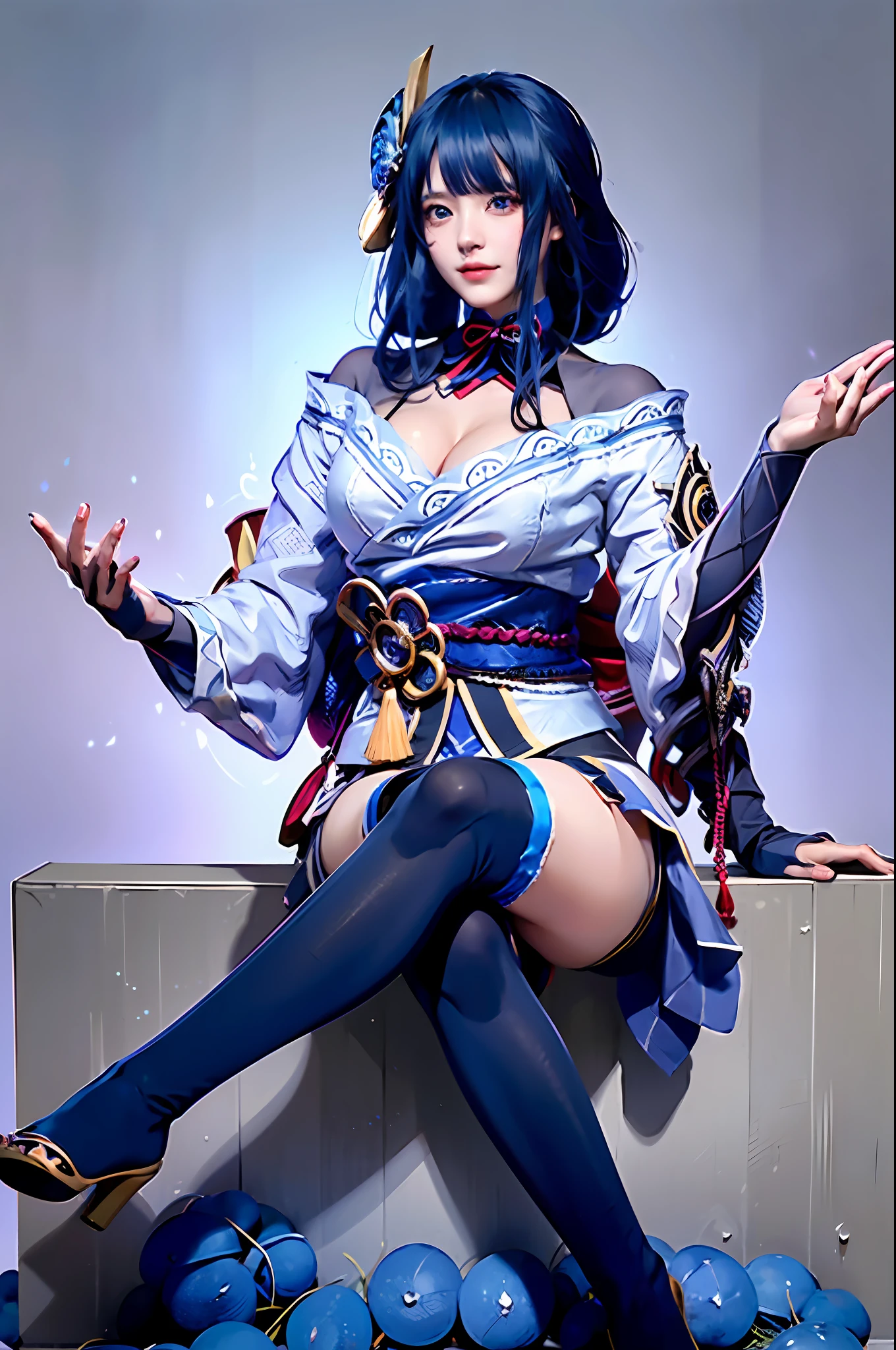 nenenini, (pureerosface_v1:0.66),best quality, ultra high res, (photorealistic:1.4), 1girl,nice detailed eyes, heavy eye makeup, slim waist, blush, Kpop idol,(aegyo sal:1.0), detailed eye makeup, y eyes, solo, perfect anatomy, (bustcleavage)r),(black hair:1), (looking at viewer),sitting, crossed legs, chair,(original_alice),(light blue tie),(marine blue eyes),(zhuo),(alice_halo:0.7),(blue halo),(smile),(happy),(pigtails),(long hair), (long bangs),(Blue Archive),(Black hair bands),(long coat),(school uniform),(white long-sleeved shirt),(pleated skirt),(navy blue skirt),(barefoot),nsfw,depth of field,detail face, shiny skin, nice detailed eyes, heavy eye makeup, slim waist, blush, detailed eye makeup, solo, perfect anatomy,