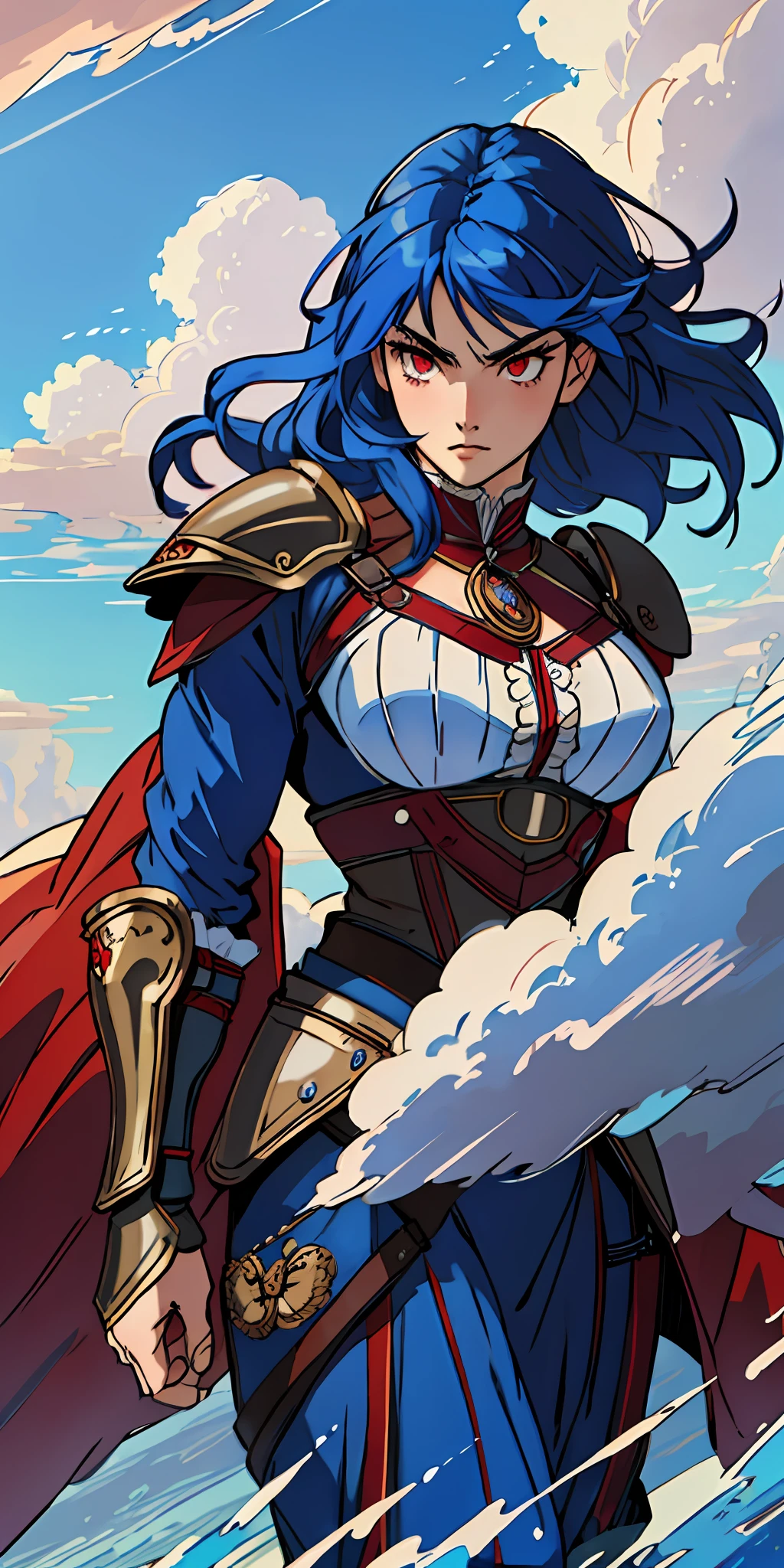 female warrior, long blue hair, red eyes, dynamic pose, wearing Victorian-era armor, ((background: a sky full of clouds))