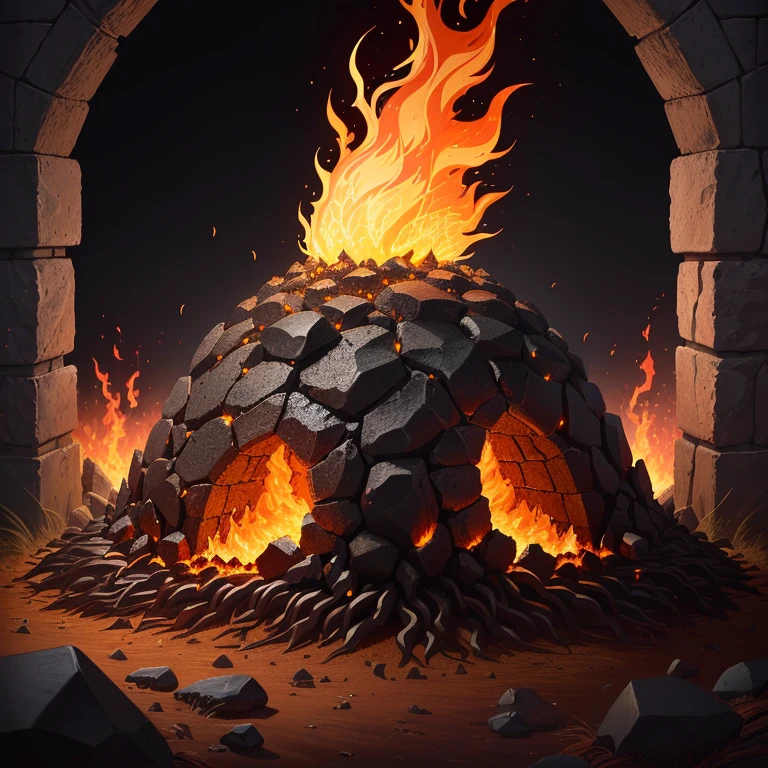 A dark anthill surrounded by a stone wall with flames