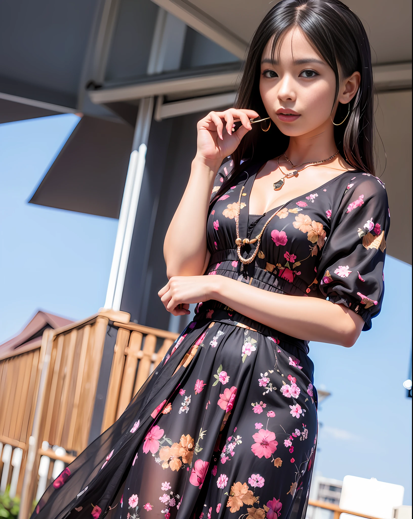 (8k, RAW photo, best quality, masterpiece:1.2), (realistic, photo-realistic:1.37),st. louis \(luxurious wheels\) \(azur lane\),1girl,(Kpop idol), (aegyo sal:1),hair ornament, portrait, (long floral pattern dress:1.1), necklace, black nails,cute, night, rain, wet, professional lighting, photon mapping, radiosity, physically-based rendering,