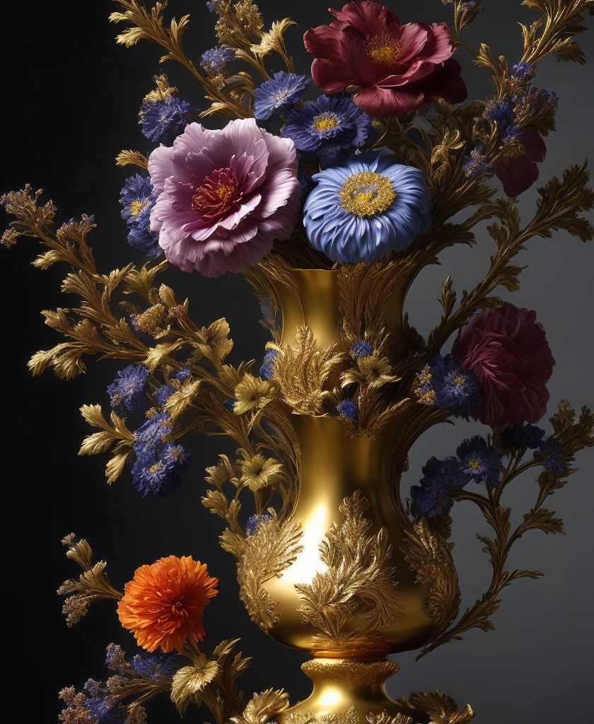 a multi elemental flowers in baroque vase, Elemental Flowers, dark background, highly detailed, sharp focus, professional, 4k, max detail, god rays, highres,high detail, sharp focus, smooth, aesthetic, extremely detailed, baroque, detailed facial features, hand model, petite, delicate, intricate details