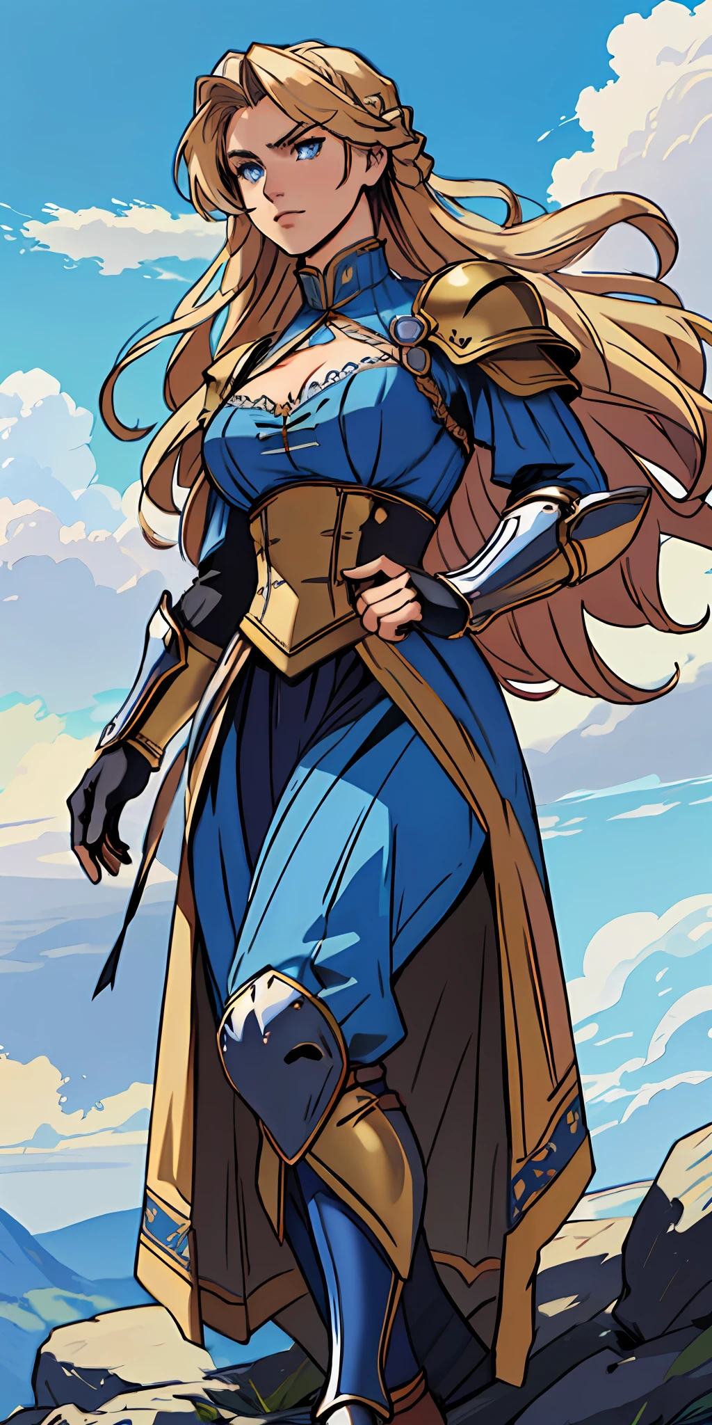 female warrior, long blond hair, blue eyes, dynamic pose, wearing Victorian-era armor, ((background: a sky full of clouds))