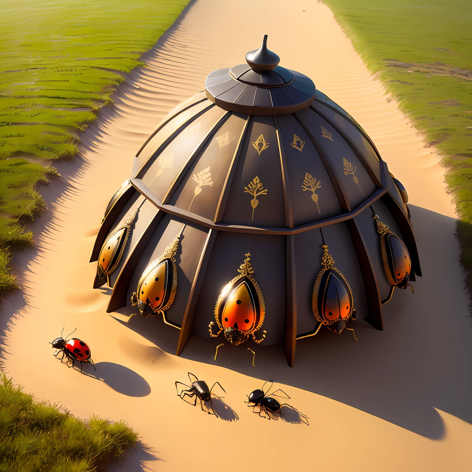 as an athills made from sands with ladybug on top some ants walk around them with some cerry fruits and grass,upscale,variation