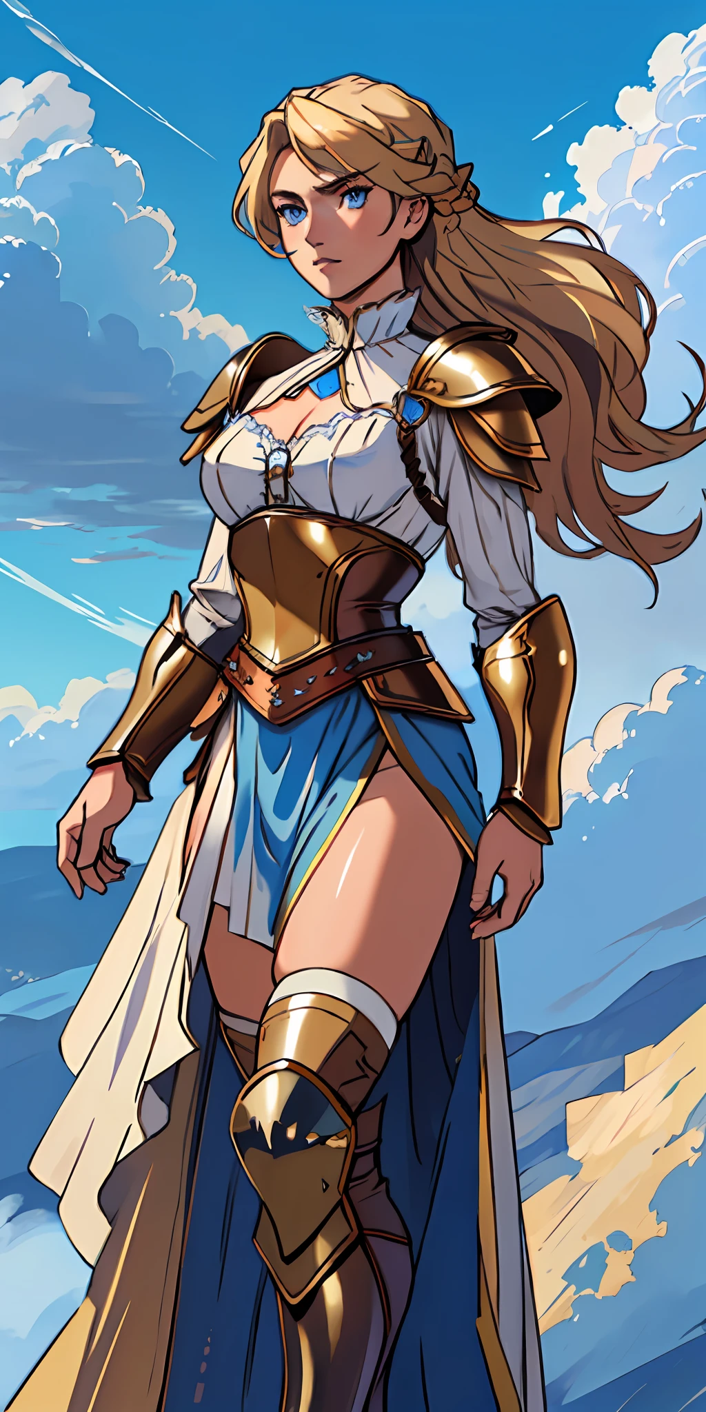 female warrior, long blond hair, blue eyes, dynamic pose, wearing Victorian-era armor, ((background: a sky full of clouds))