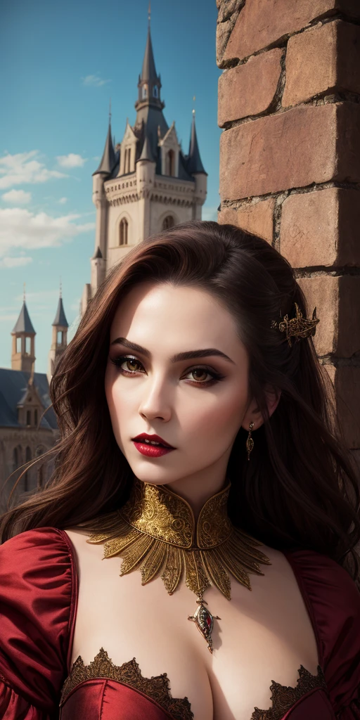 (masterpiece), (highly detailed), (realistic), female vampire, detailed face, detailed costume, old castle background
