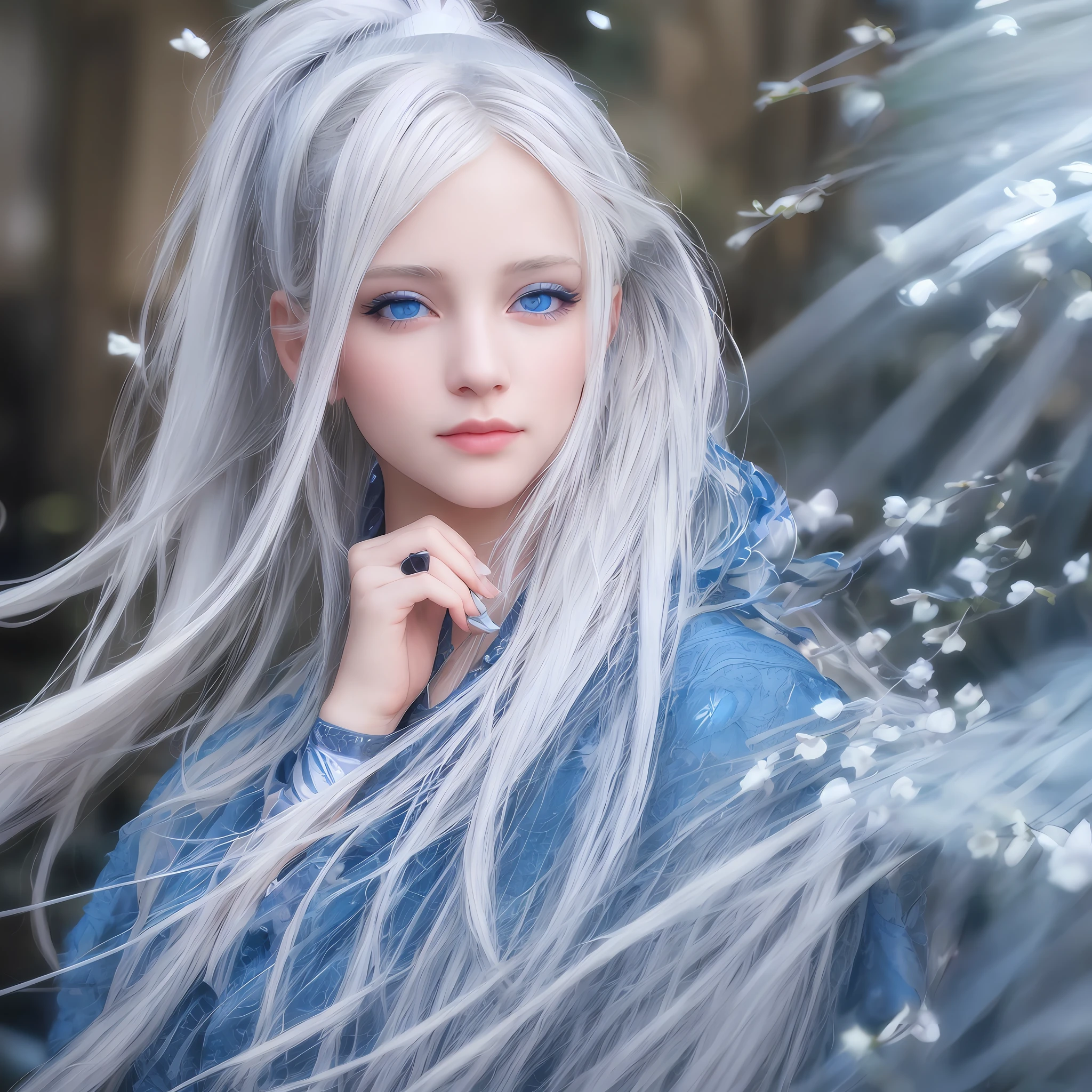 best quality, masterpiece, 1girl, Beautiful face, (blue eyes), (white hair), (photo realistic:1.3), rim lighting, (high detailed skin:1.2), 8k uhd, dslr, high quality, high resolution, 4k, 8k, Bokeh, absurdres, ponytail, best ratio four finger and one thumb, (realistic:1.2), ulzzang,