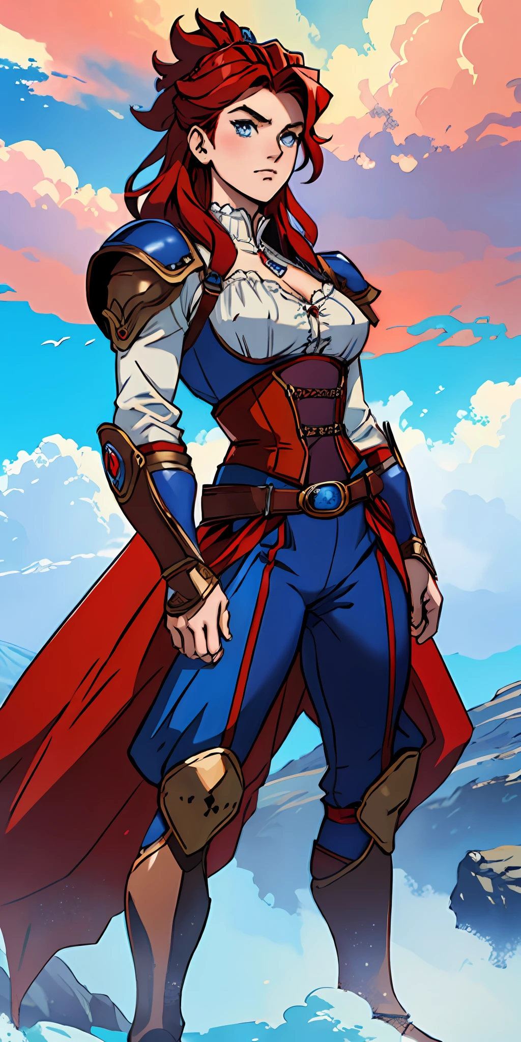 female warrior, long red hair, blue eyes, dynamic pose, wearing Victorian-era armor, ((background: a sky full of clouds))