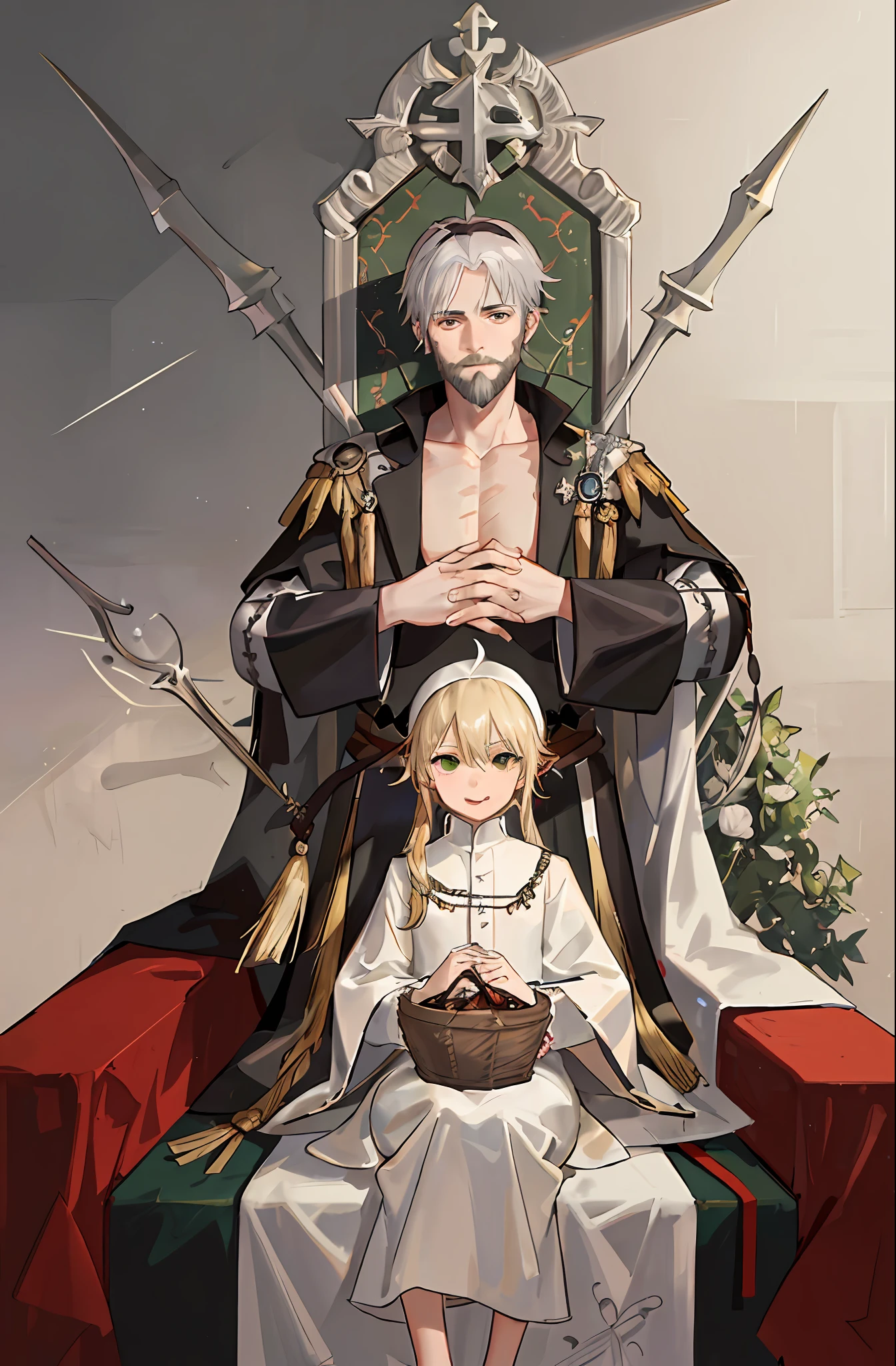 Best image quality, high resolution, 8K, realistic depiction in every detail, photorealism, two men, macho pope and slender boy knight sitting on a throne and hugging each other, (pope with a strong body, 30 years old, beard, long blonde hair, shiny skin, detailed description, dark green luxurious toga with embroidery, lust), (slender, boy acolyte, red face, ahe face, gasping with tongue, , shirtless, Perfectly proportioned, neat face, silver hair, short, sharp eyes, breastplate, with baskets), (partial skin exposure: 1.5), beautiful face drawn in detail