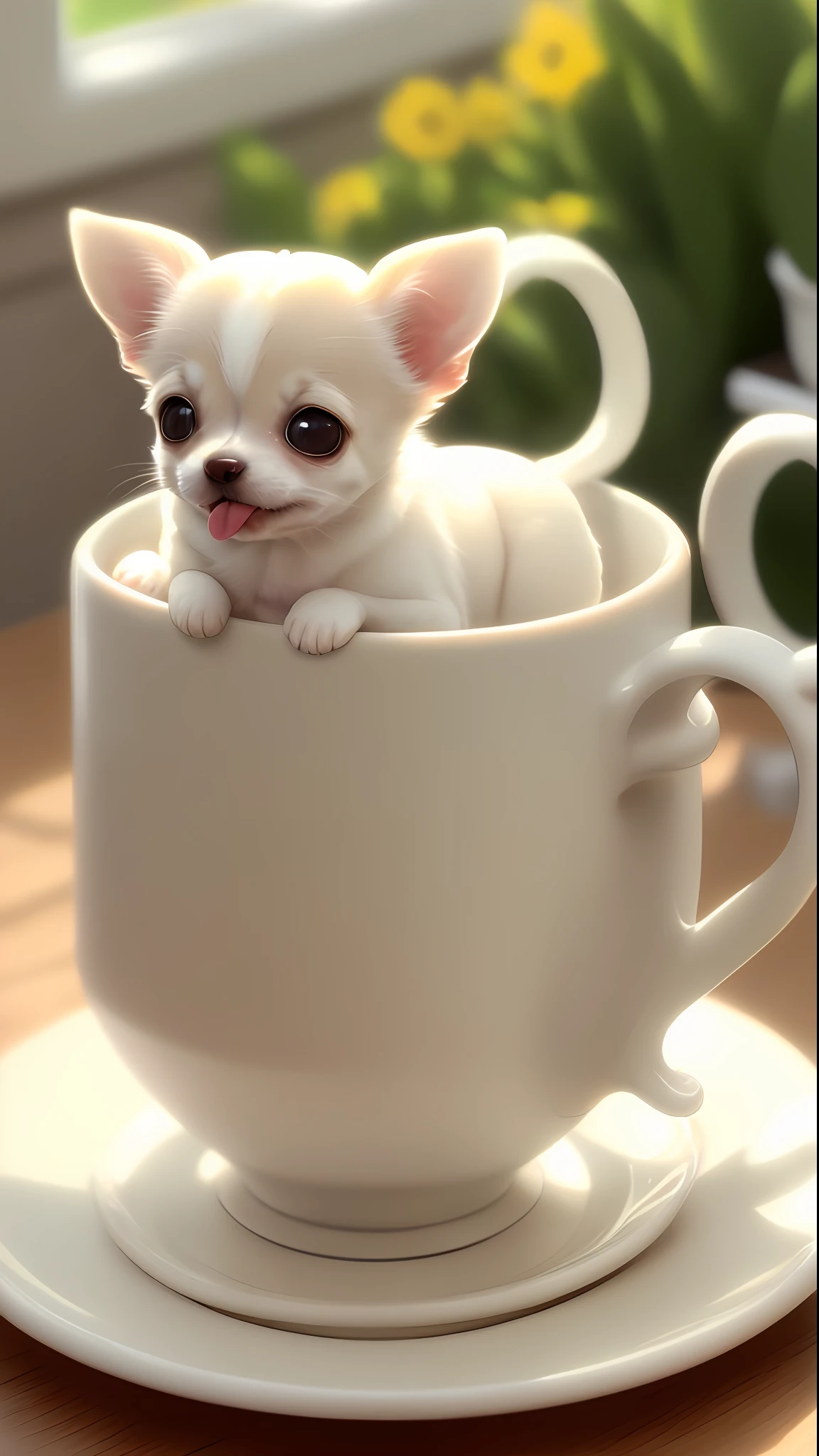 White-cream colored Chihuahua, (((small)))), in a teacup, face, tongue-sticking out front paws sticking out of teacup, 8k, professional photo, delicate, clear, on the table, in the house, sunshine, light leak, masterpiece, ((((pretty)))