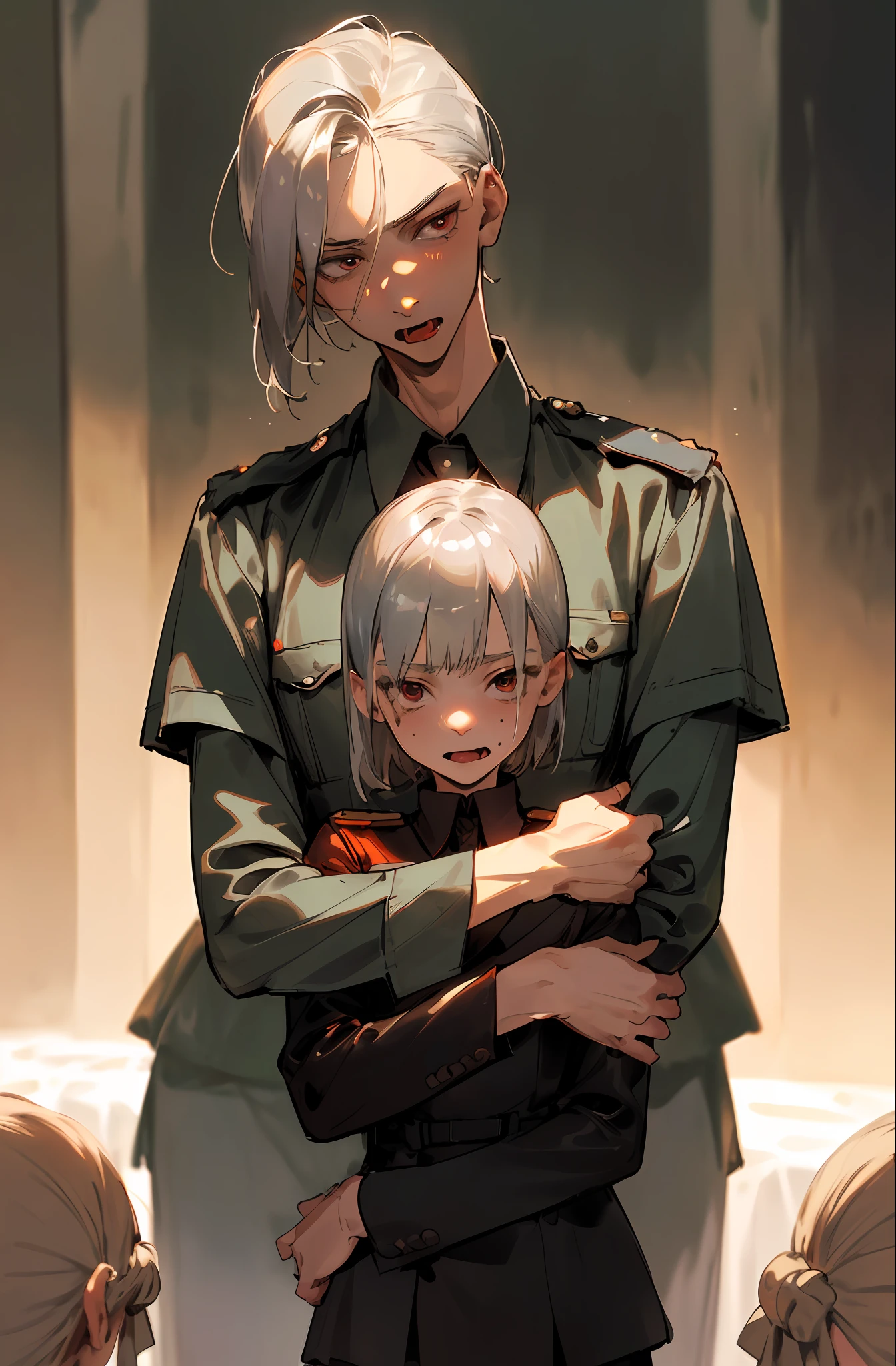 Best image quality, high resolution, 8K, realistic depiction in detail, photorealism, 1 man, 1 woman, prison, beautiful tall female officer and young boy prisoner of war hugging each other, (slender and tall female officer, 22 years old, short blonde, shiny skin, detailed description, officer uniform, lust), (slender, chibi boy prisoner, red face, ahe face, gasping with tongue, , shirtless, full proportions, Neat face, silver hair, short, sharp eyes, no breastplate, with baskets), (partial skin exposure: 1.5), beautiful face drawn in detail