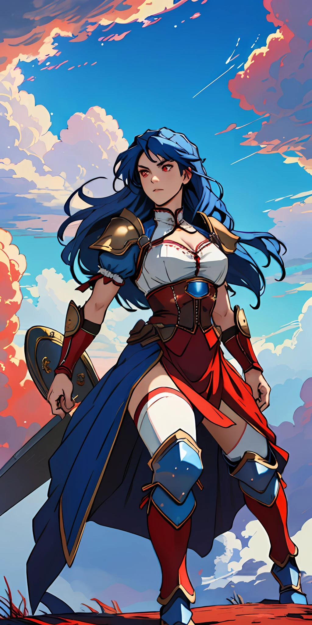 female warrior, long blue hair, red eyes, dynamic pose, wearing Victorian-era armor, ((background: a sky full of clouds))