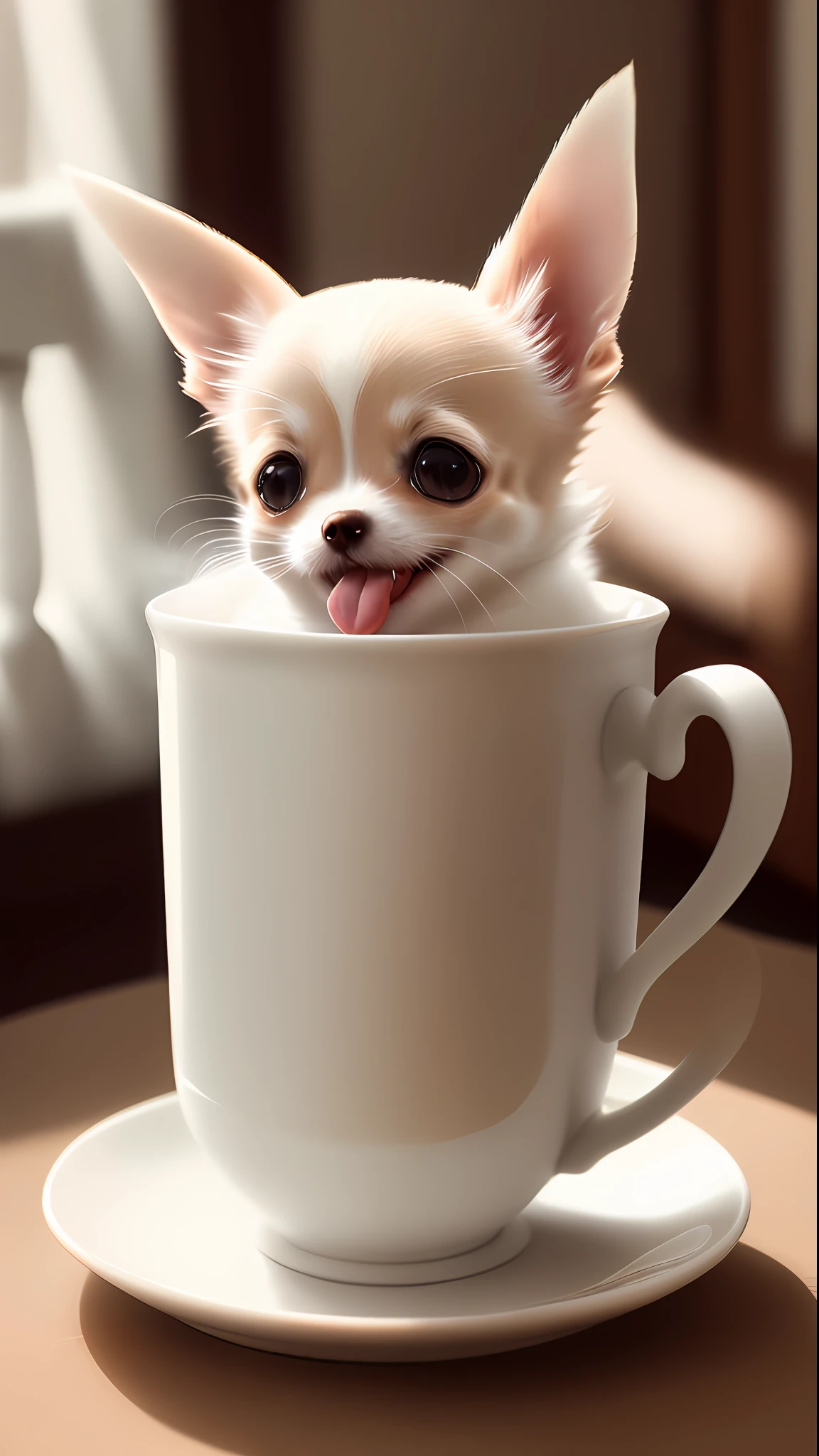 Long coat Chihuahua of white-cream color, (small)))), in a teacup, face out, tongue-sticking out front paws sticking out of teacup, 8k, professional photo, delicate, clear, on the table, in the house, sunshine, light leak, masterpiece, ((((pretty)))