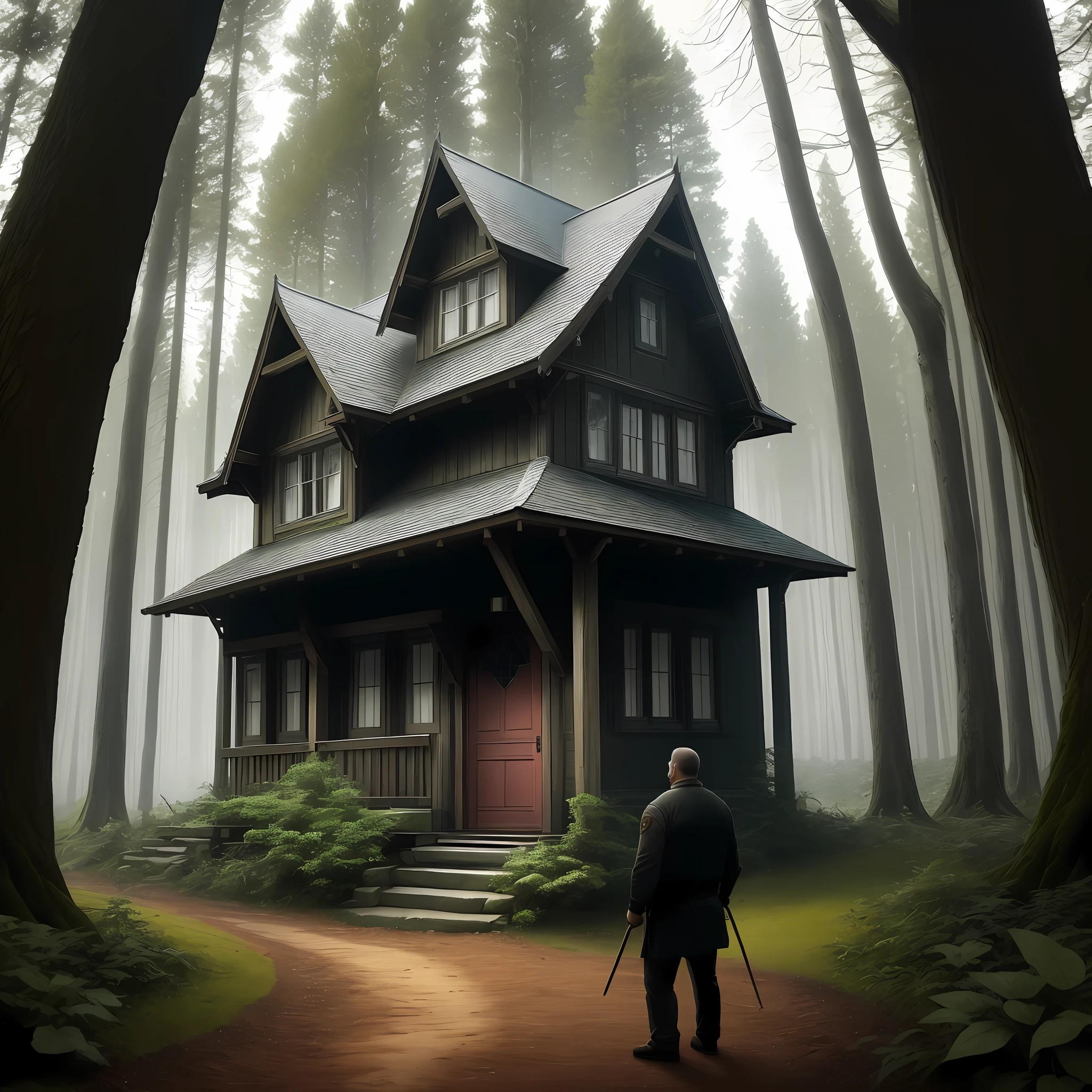 Beautiful house in the middle of the dark forest with an angry man at the door