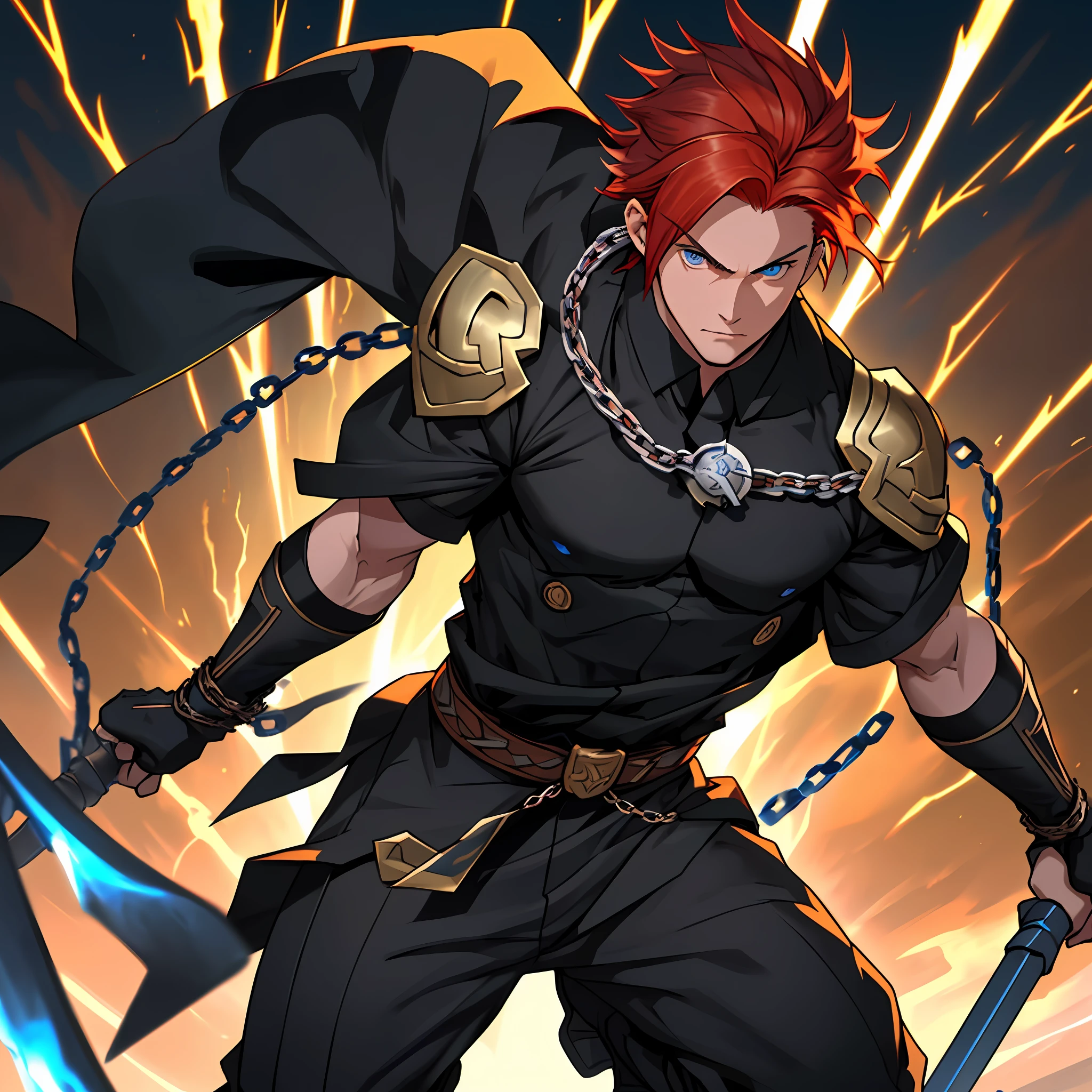 The character in question is a young man with shoulder-length red hair, which adds a note of intensity to his appearance. His blue eyes are piercing and expressive, reflecting his determination and acumen.

Despite his lean body structure, the character has slightly defined muscles, suggesting that he engages in regular physical training. His figure balances agility with surprising strength, which makes him a formidable opponent in combat.

In terms of dress, he wears black pants, which give him freedom of movement. Its main highlight is a black kimono with yellow ray details. These lightning details add a dynamic and mystical touch to your look.

The character has a black sickle with a special lightning bolt symbol connected by a chain to his arm. This scythe is an extension of his personality and fighting style. It is a versatile weapon that combines power and agility, allowing him to attack his opponents with precision and speed. The chain that connects it to the arm is a distinctive element, giving it flexibility and the ability to perform fluid movements.

Overall, the character is portrayed as a charismatic and skilled young man. His red hair, expressive blue eyes, along with his chain-connected sickle, make him an imposing and mysterious presence. He is someone whose looks and abilities certainly capture the attention of the people around him, making him an intriguing character in any story or setting.