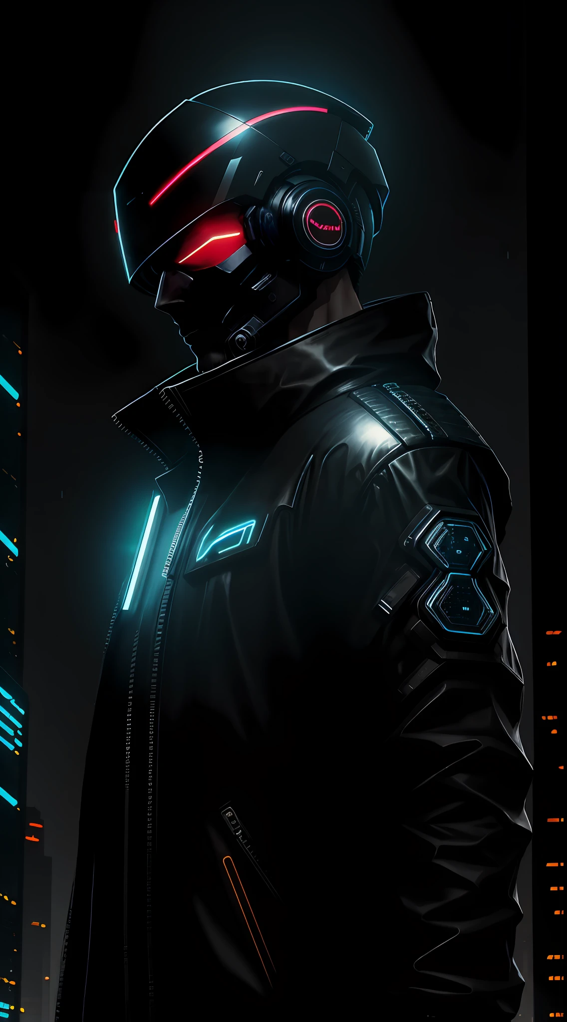 1man, lord with cybernetic pieces, shiny visor, light black short hair, techwear, big black jacket, outdoor skyscraper, neon rim light, night, rain, volumetric lighting, best quality, masterpiece, realistic