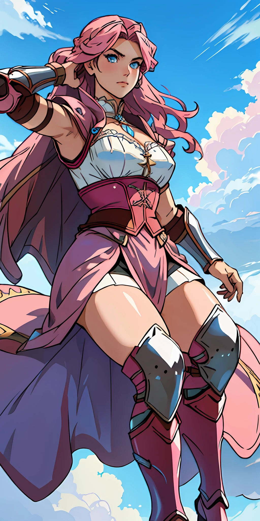 female warrior, long pink hair, blue eyes, dynamic pose, wearing Victorian-era armor, ((background: a sky full of clouds))