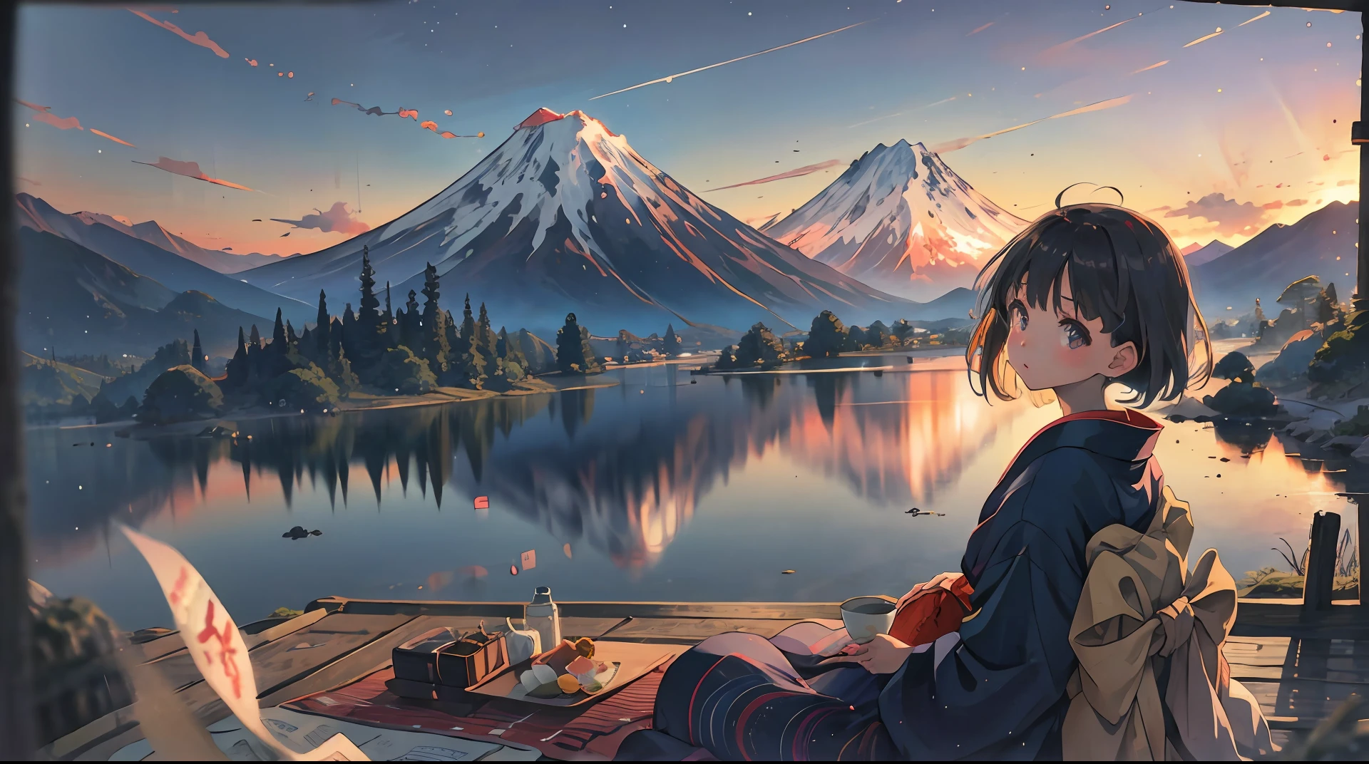 best quality, masterpiece, extremely detailed, detailed background, anime, 1girl, young girl, short girl, kimono, retro, mount fuji lansdscape, outdoors, sunset, beautiful sky, lake picnic, landscape, scenery, horizon, mountain sitting near mountain, wind, looking away, atmospheric lighting, solo focus, close up, from side, depth of field, bokeh