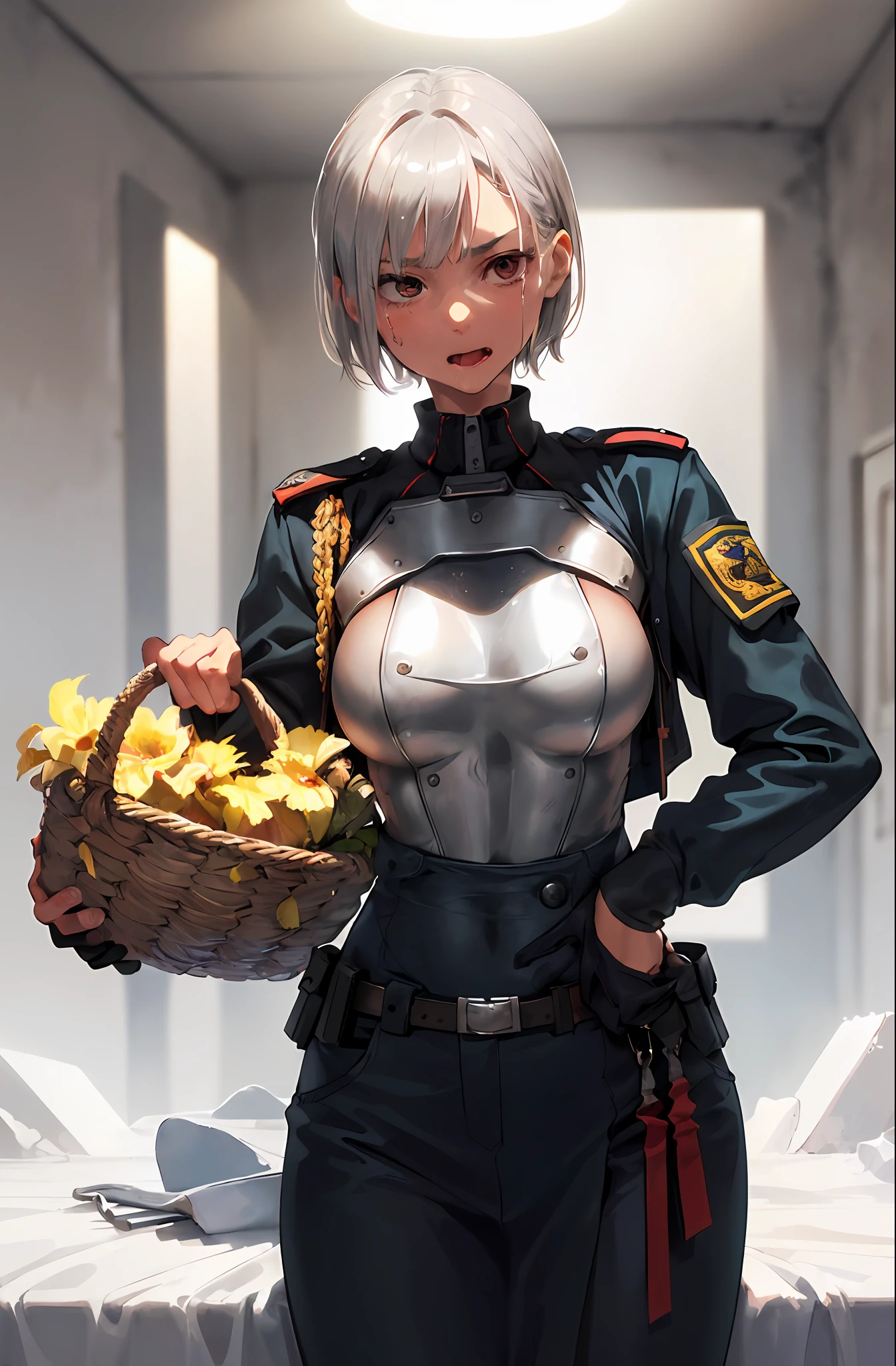 Best image quality, high resolution, 8K, realistic depiction in detail, photorealism, 1 man, 1 woman, prison, beautiful tall female officer and young boy prisoner of war hugging each other, (slender and tall female officer, 22 years old, short blonde, shiny skin, detailed description, officer uniform, lust), (slender, chibi boy prisoner, red face, ahe face, gasping with tongue, , shirtless, full proportions, Neat face, silver hair, short, sharp eyes, no breastplate, with baskets), (partial skin exposure: 1.5), beautiful face drawn in detail