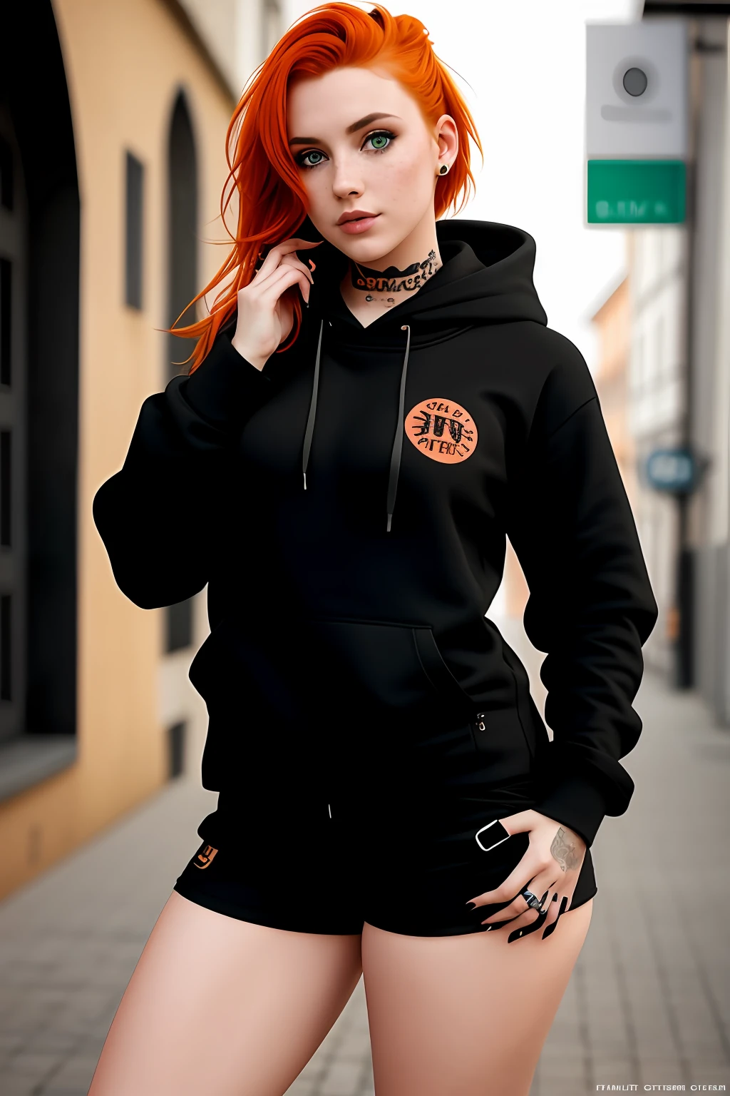 Realistic girl, german, Black hoodie, Black shorts, freckles, Green eyes, Piercings, tattoos, Orange hair, cute, lovely, sweet, Curvy,