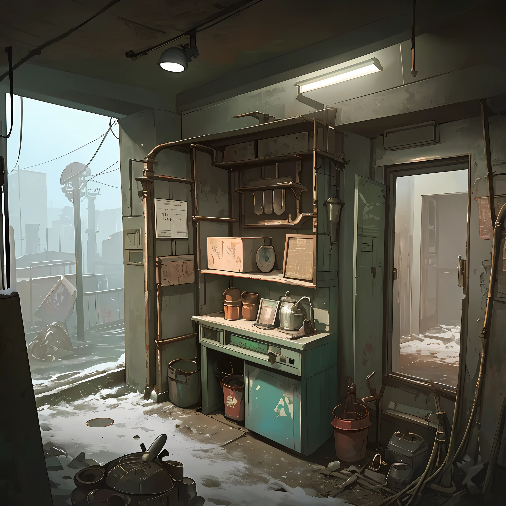 hyperrealistic and very detailed illustration of the entrance of a patio, point of view from the outside, image very loaded with objects, point of view from below, dirty cement stairs with cracks, green wastebasket, metal signs, seats, cables, pole, pastel blue telephone booth, rusty guardrails, pipes, pipes in the walls, electric meter, gray and dark walls, empty boxes, old papers on the floor, damaged wall paint, some garbage on the floor, metal and rusty scrap, machine parts (rusty, brown), very detailed advertisements on the neon wall, spotlight lights (very radiant blue light), artificial and sterile environment, very dark night, fog and somewhat dense smoke, very dark landscape shadows,  red and green neon lights, night, some snow all over the landscape, humidity, puddles of water reflecting the dim ambient light