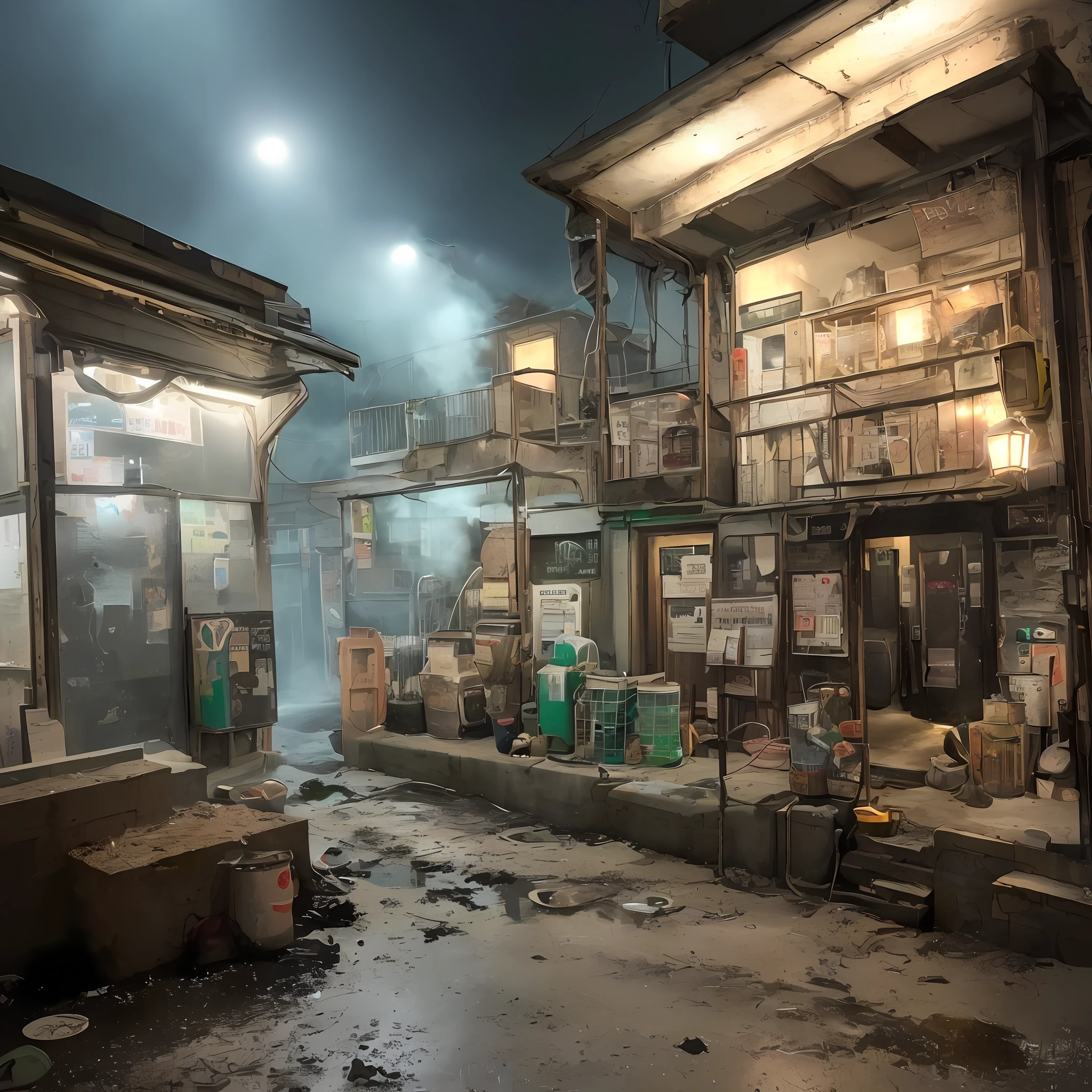 hyperrealistic and very detailed illustration of the entrance of a patio, point of view from the outside, image very loaded with objects, point of view from below, dirty cement stairs with cracks, green wastebasket, metal signs, seats, cables, pole, pastel blue telephone booth, rusty guardrails, pipes, pipes in the walls, electric meter, gray and dark walls, empty boxes, old papers on the floor, damaged wall paint, some garbage on the floor, metal and rusty scrap, machine parts (rusty, brown), very detailed advertisements on the neon wall, spotlight lights (very radiant blue light), artificial and sterile environment, very dark night, fog and somewhat dense smoke, very dark landscape shadows,  red and green neon lights, night, some snow all over the landscape, humidity, puddles of water reflecting the dim ambient light