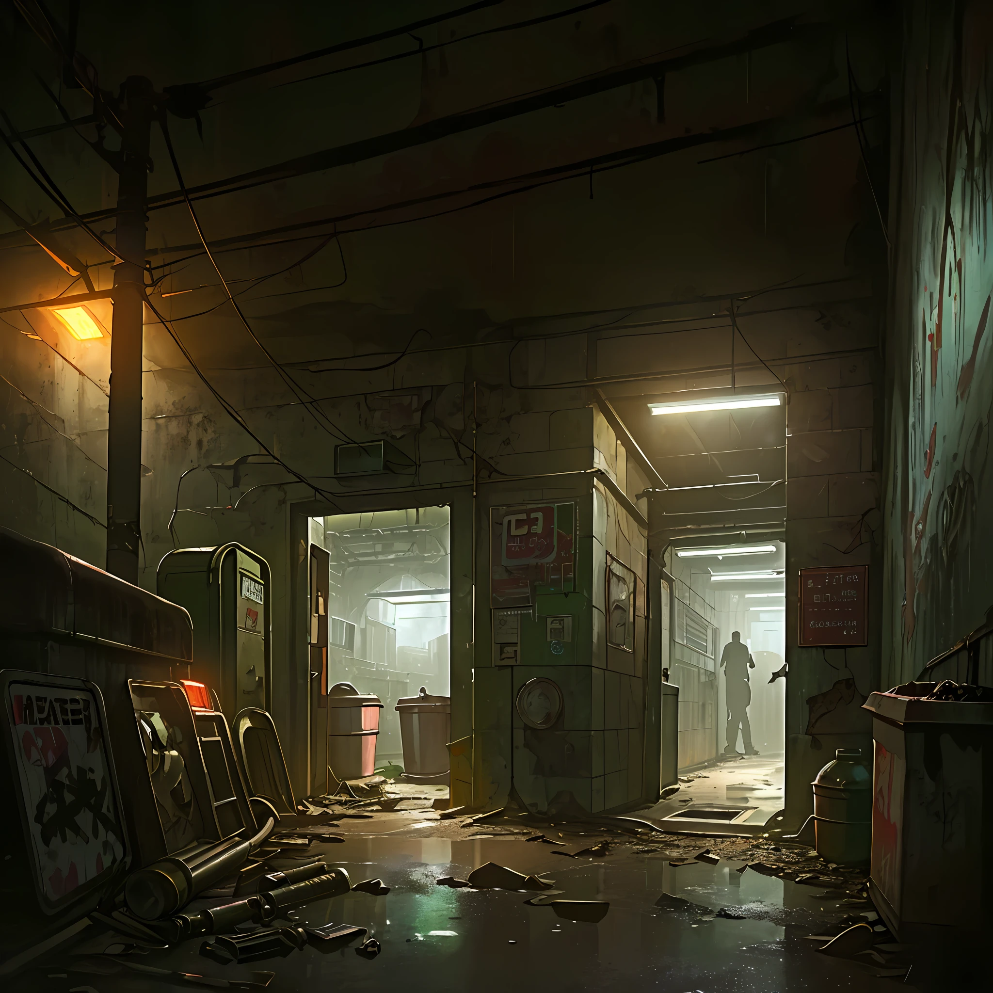 hyperrealistic and very detailed illustration of the entrance of a dark subway, point of view from the outside, very loaded image of objects, point of view from below, dirty and cracked cement stairs, trash can, metal signs, seats, cables, pole, rusty guardrails, gray walls, pale, empty boxes, damaged wall paint, some garbage on the floor,  metal and rusty scrap, damaged vehicle parts, very detailed advertisements on the neon wall, spotlight lights (very radiant), humidity, artificial and sterile environment, night, very dark landscape shadows, rainy night, very dense fog, red and green neon lights, vegetation between the cracks of the walls and the floor