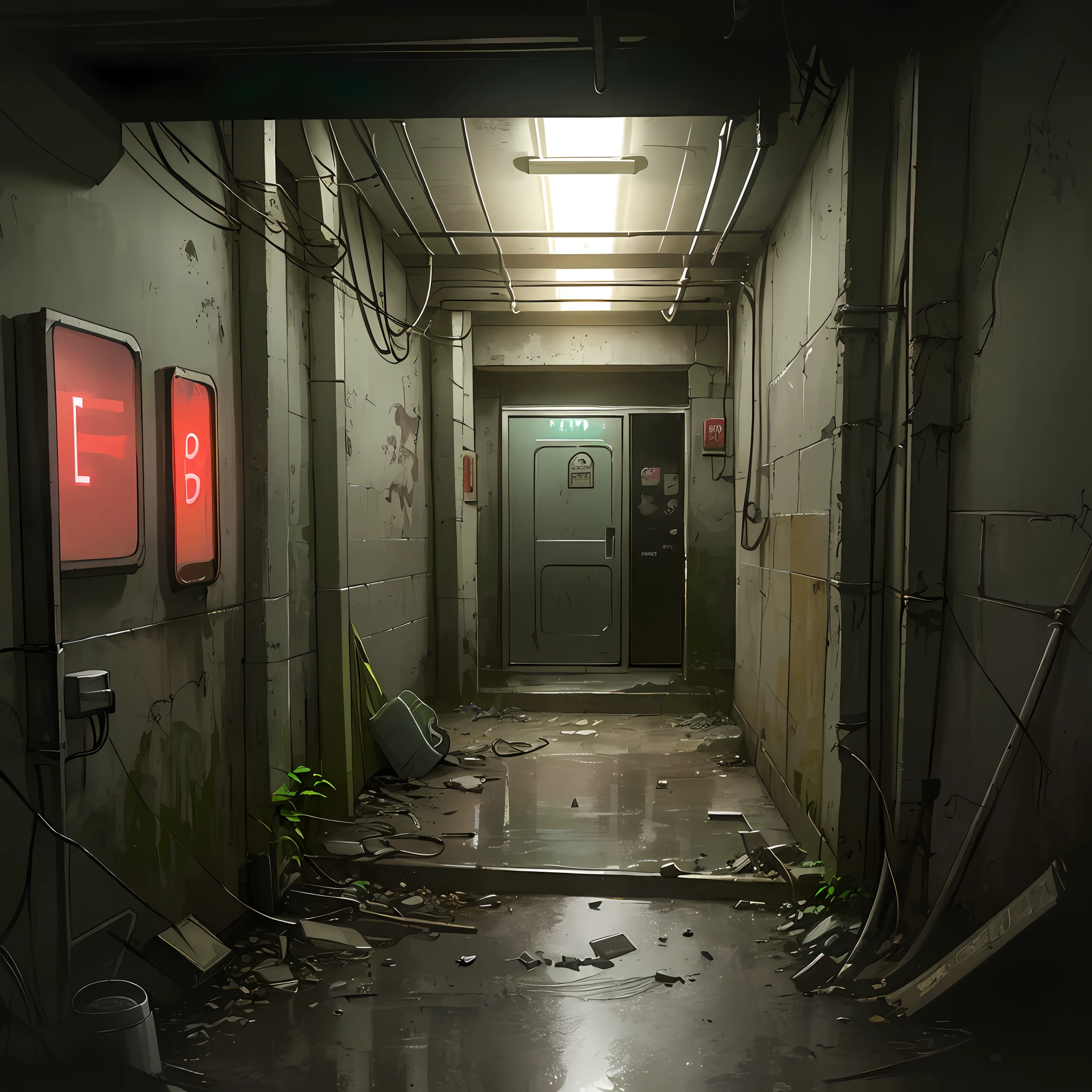 hyperrealistic and very detailed illustration of the entrance of a dark subway, point of view from the outside, very loaded image of objects, point of view from below, dirty and cracked cement stairs, trash can, metal signs, seats, cables, pole, rusty guardrails, gray walls, pale, empty boxes, damaged wall paint, some garbage on the floor, very detailed advertisements on the neon wall, spotlight lights (very radiant), humidity, artificial and sterile environment, night, very dark landscape shadows, rainy night, very dense fog, red and green neon lights, vegetation between the cracks of the walls and the floor