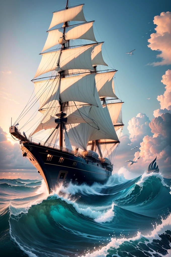 (((8k, RAW photo, Best Quality, Masterpiece: 1.4))), Ultra High Resolution, Ultra Detailed, Illustration, Close Up, Environment Only, (Huge sailing ship), dawn sky behind it, glistening with few, waves crash, birds soar above, dolphins swim alongside, imagination, outdoors, particle effects